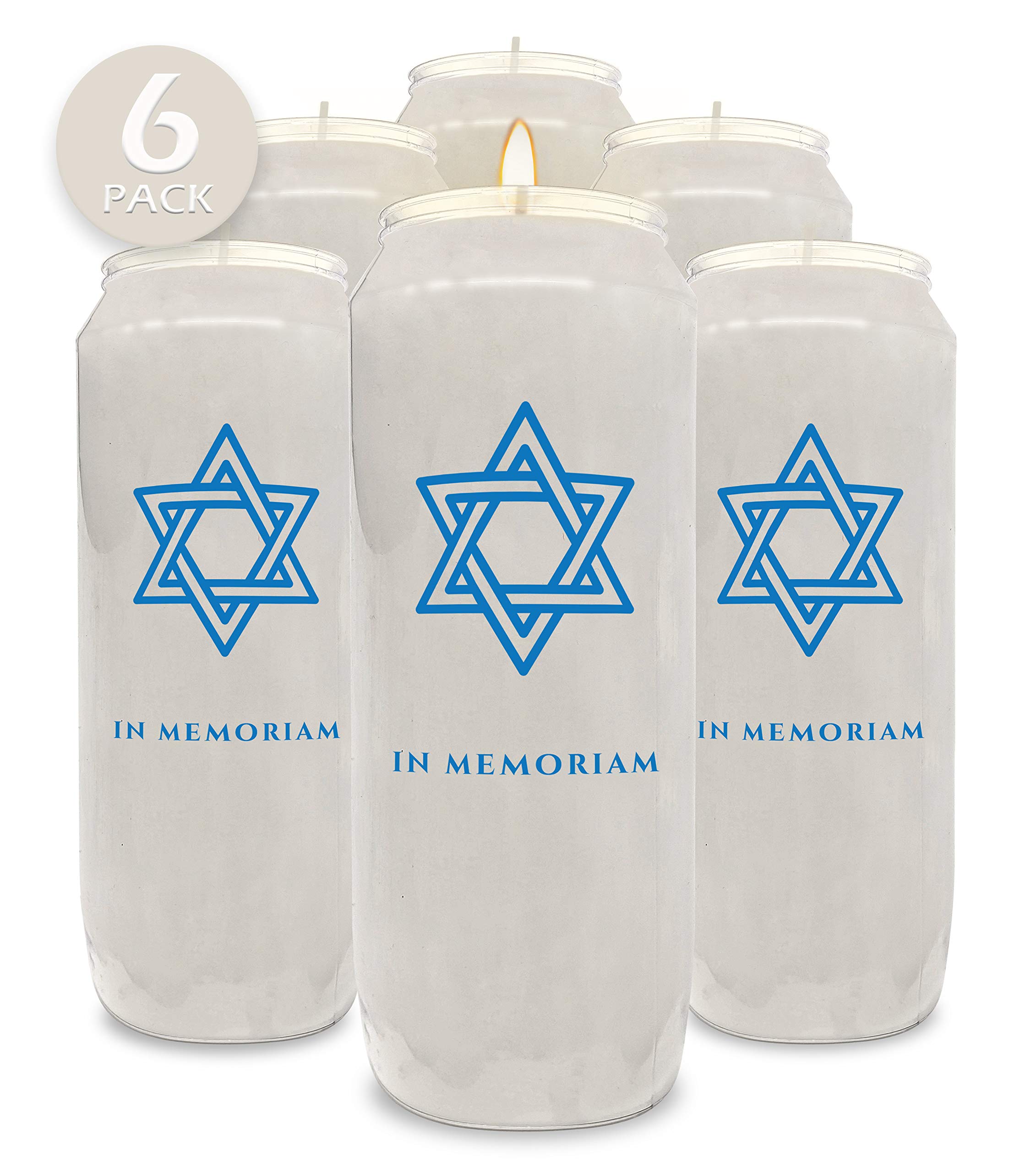 Ner Mitzvah 9-dniowe świece pamięciowe, 6-pak - plastikowy słoik z gwiazdą Dawida - 18 cm wysokie świece filar dla religijnych, modlitwy, dekoracji imprez, czuwania i w nagłych wypadkach