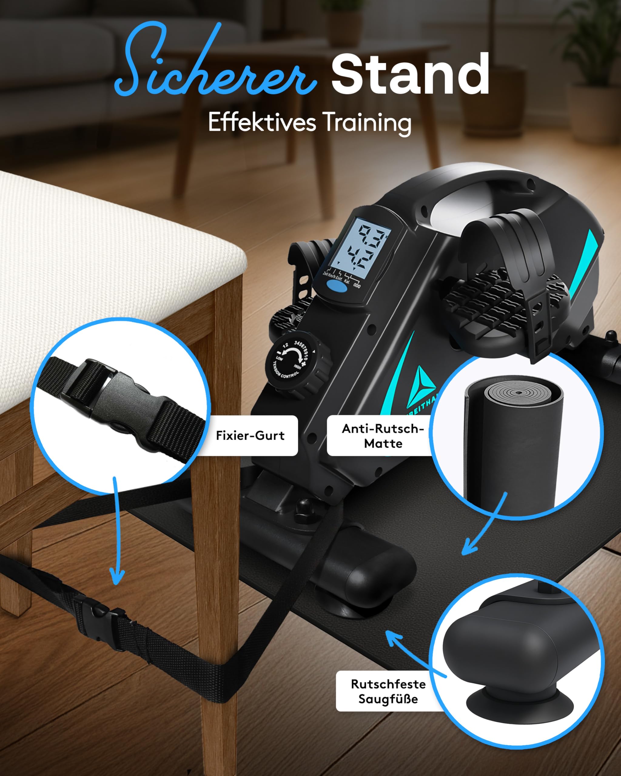 Pedaltrainer für Senioren TESTSIEGER - Beintrainer im Sitzen mit Wirbelstrombremse - Inkl. Anti-Rutsch-Matte & Trainingsbuch