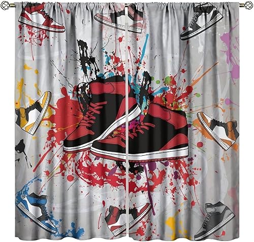 Cortinas de baloncesto para dormitorio de niños, color rojo y negro, para guardería, deportes, vintage, fresco, para niños, adolescentes, hombres,