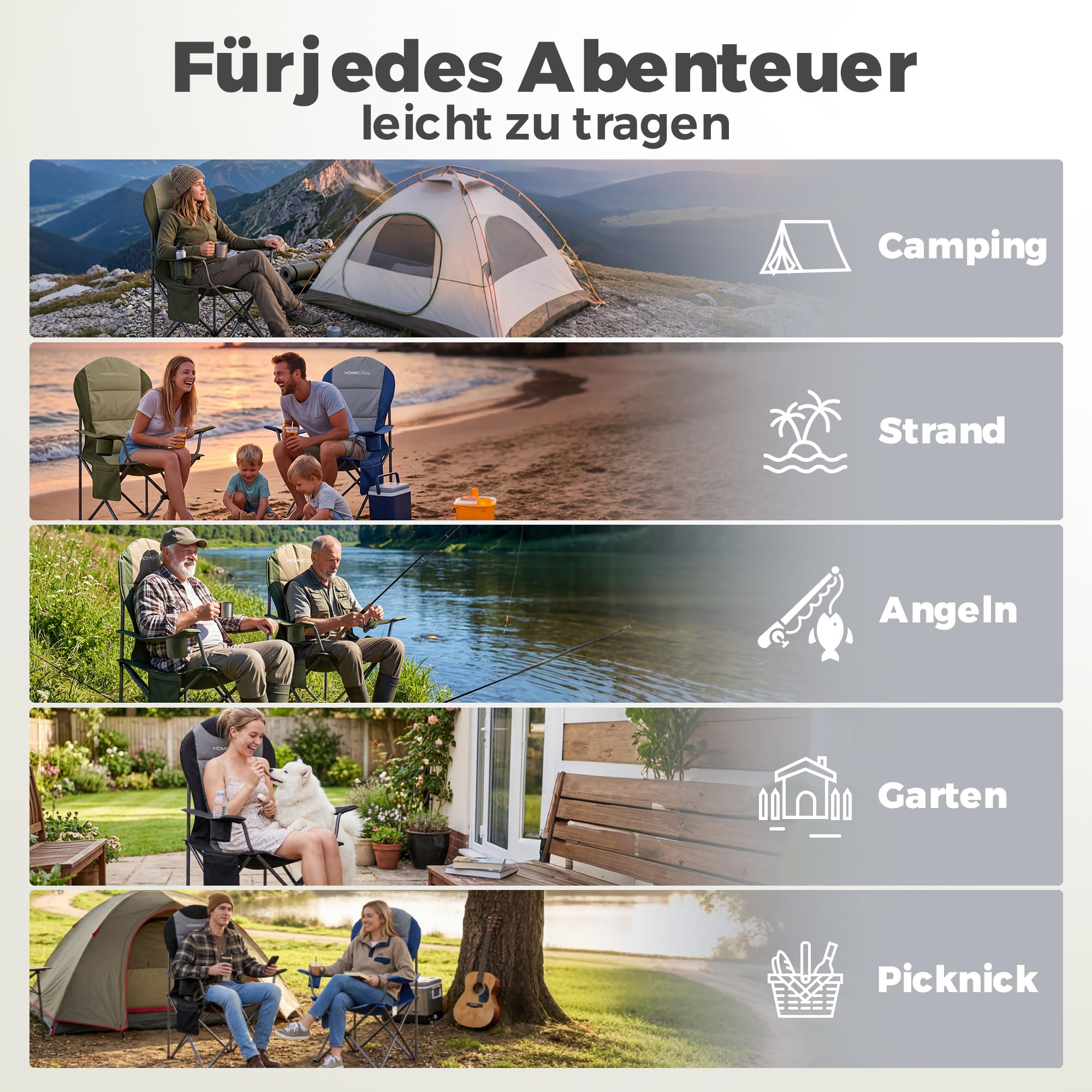 Homecall Campingstuhl Faltbar 150kg Belastbar Campingstuhl Hochlehner 108cm mit Lendenwirbelstütze, Gepolstert Klappstuhl Camping Stuhl Angelstuhl Faltbar für Garten Picknick (Grau - 1 Stück)