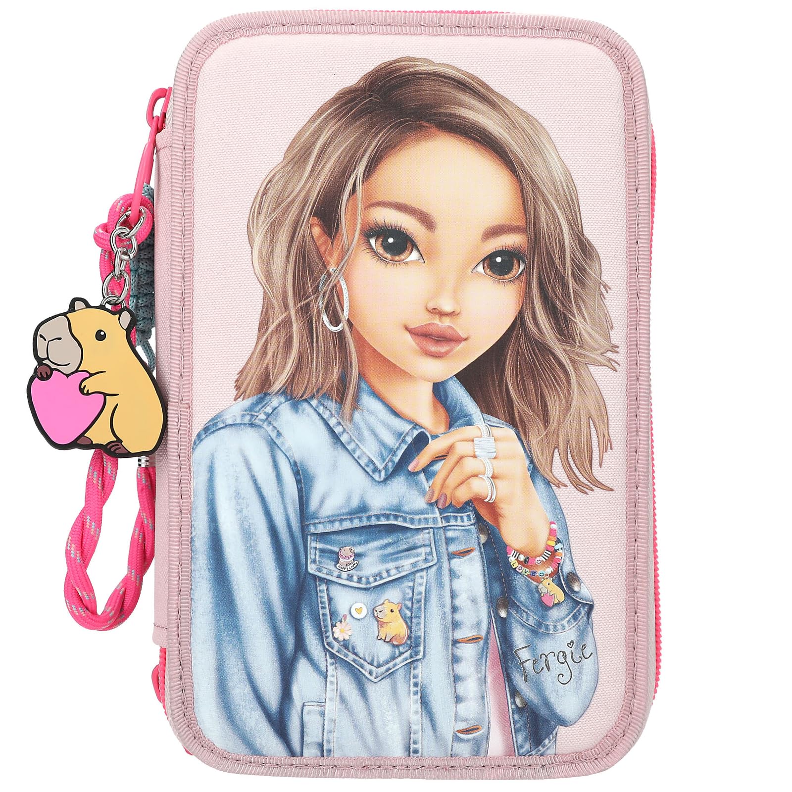 Depesche 13340 TOPModel Capybara Filled 3-Compartment Pencil Case in Cream and Pink, with Model Motif, Monkey and Colourful Pattern, Pencil Case with Colouring Pencils, Scissors, Ruler and Much More