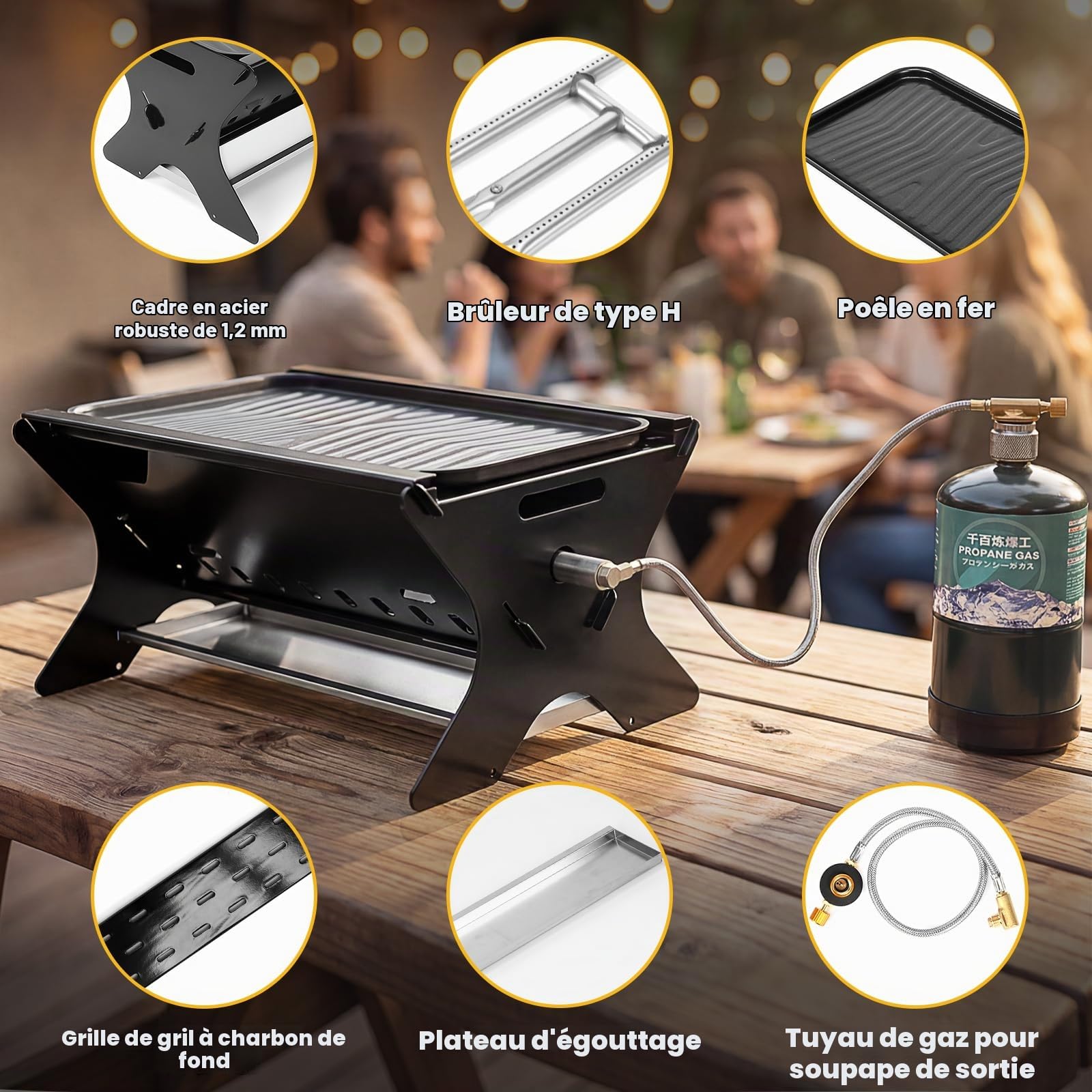 GFTIME Barbecue à gaz portable avec système d'emboîtement, fonctionne au gaz et au charbon de bois - Avec plaque de cuisson en fonte, sac de transport, barbecue à gaz mobile, parfait pour le camping