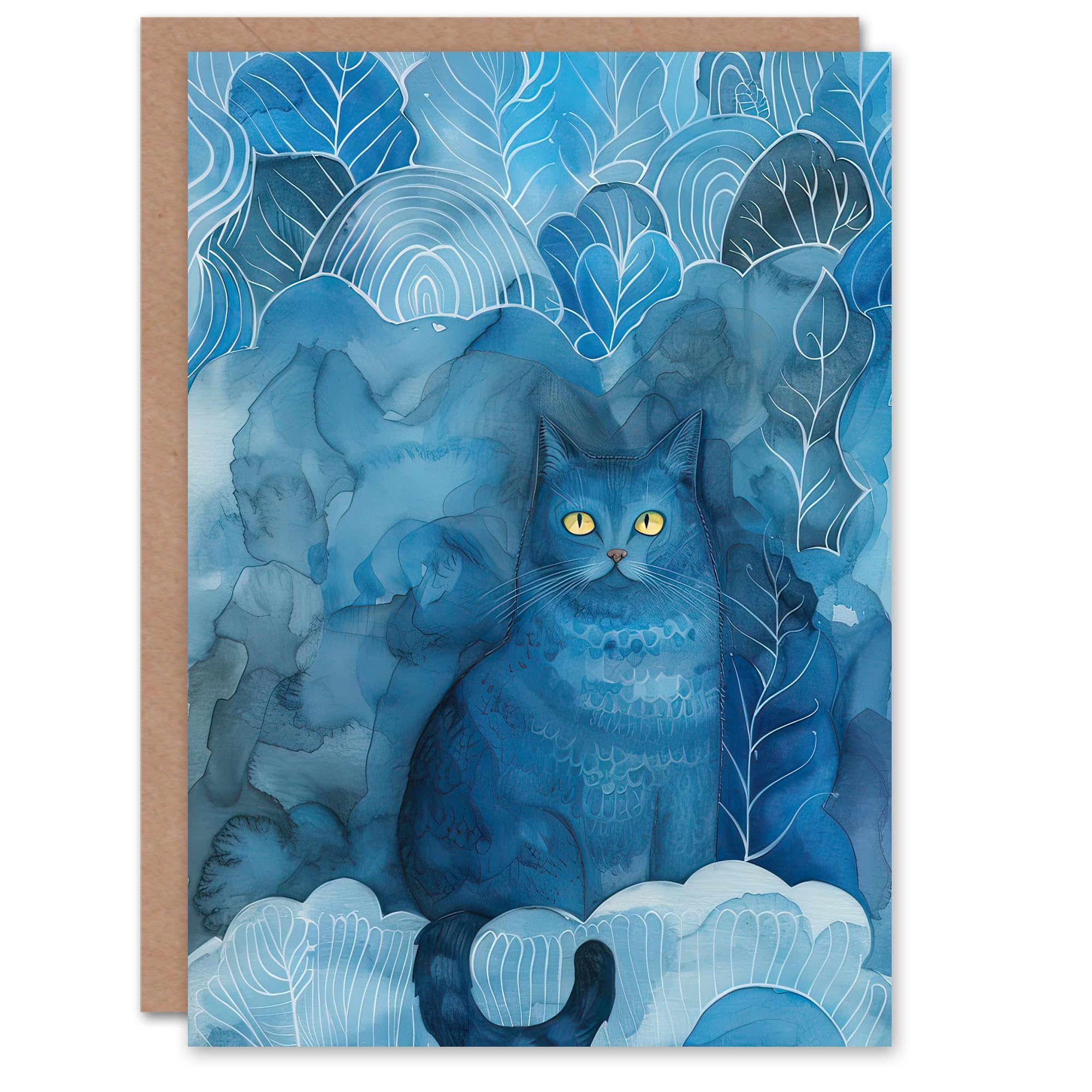Artery8 Greeting Card Moggie Cat Lover Nocturnal Blue Dream Watercolour Blank For Him Or Her Art Birthday Card