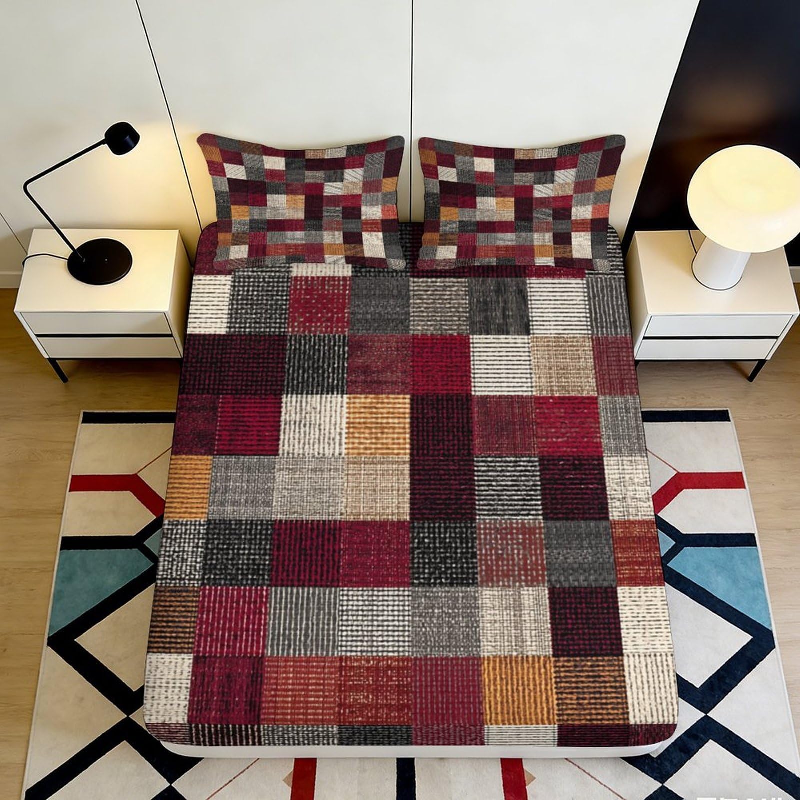Jqzkxnhpbr Style-5 3D Printed Patchwork Plaid Fitted Sheet Microfiber Anti-Slip Soft Bed Cover For Bedroom Guest Room Easy Care Decor 90X200x25cm