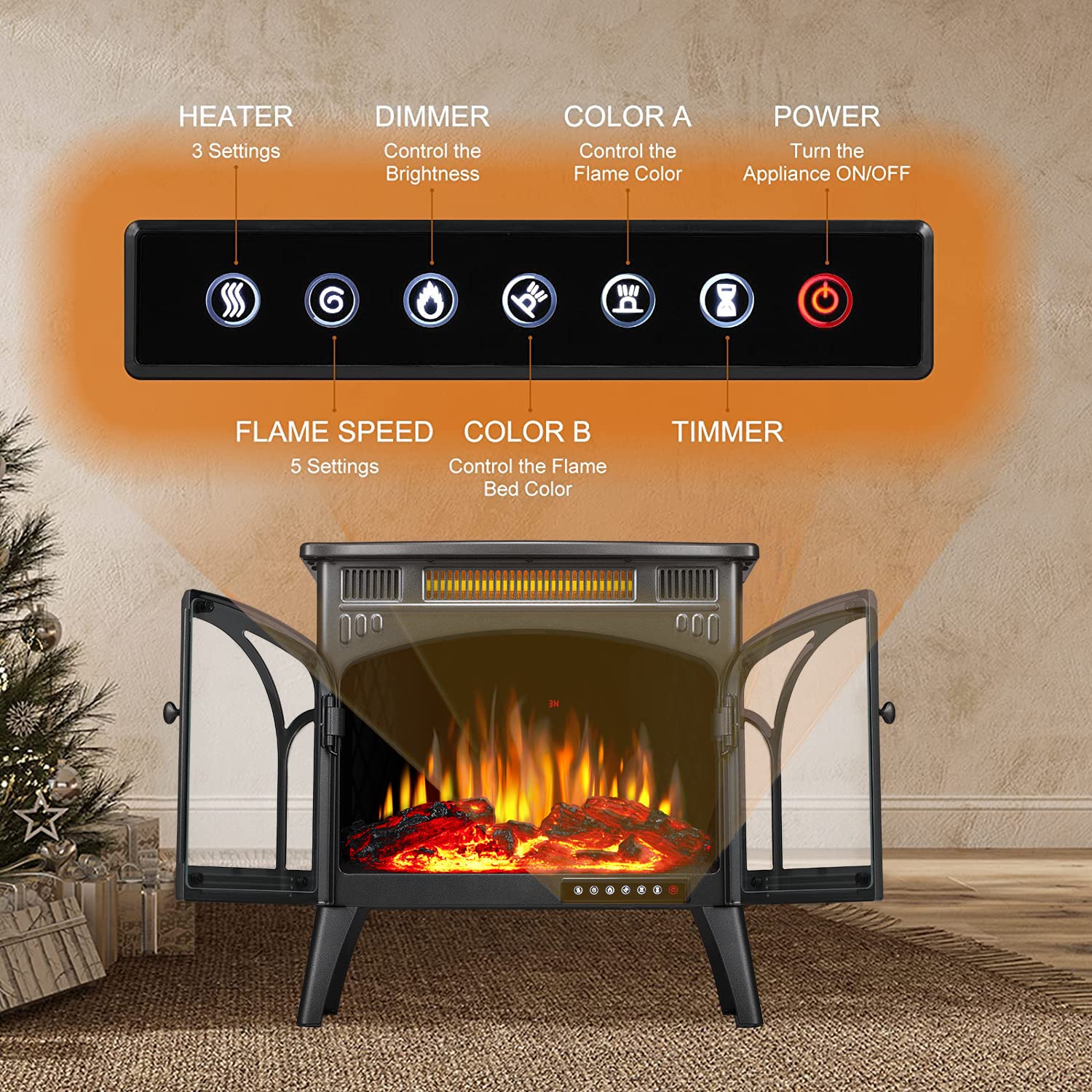 Amazon.com: Electric Fireplace Stove Heater,Electric Fireplace, Fireplace  Heater with 3D Logs and Realistic Flame,1500w,Grey : Home u0026 Kitchen