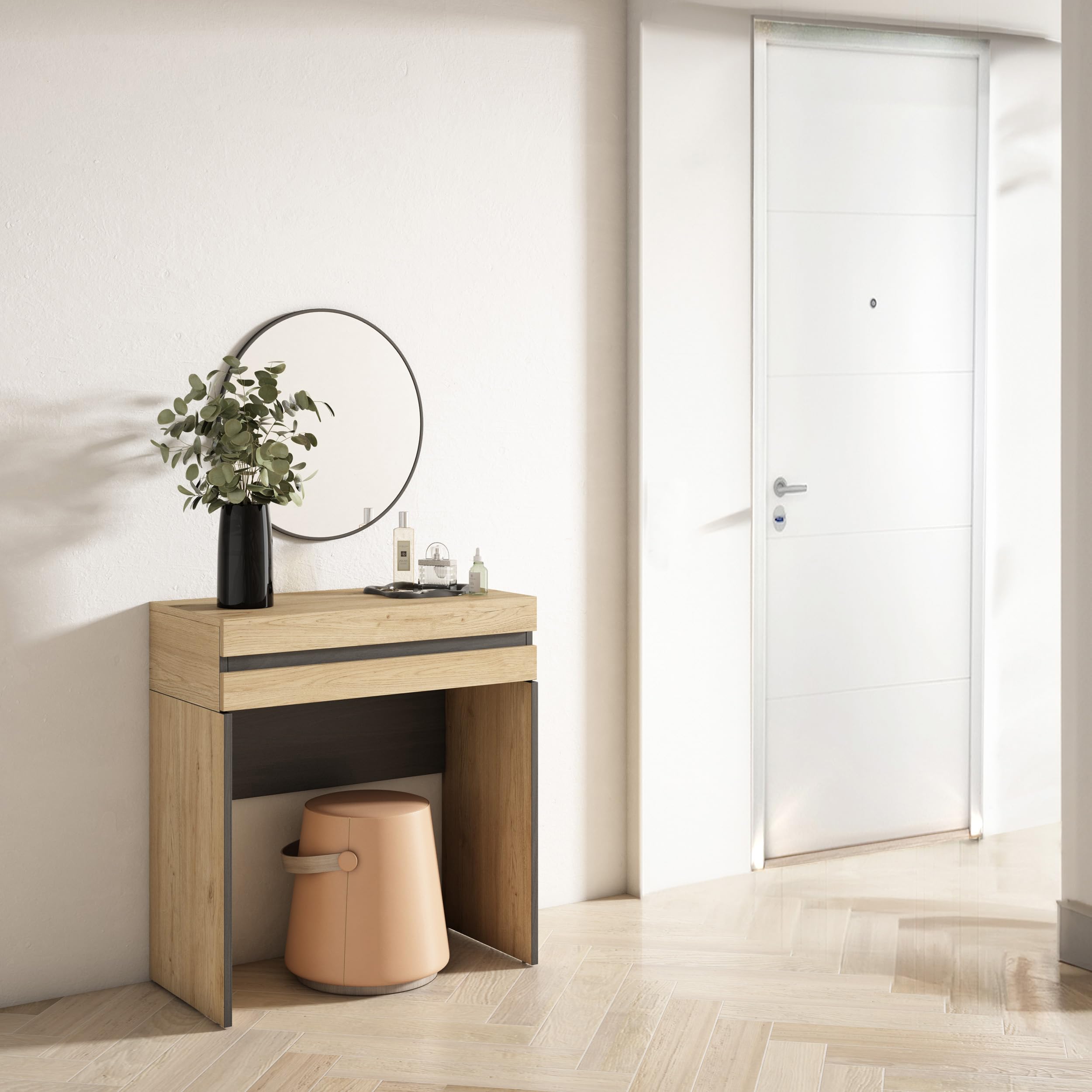 Skraut Home | Coiffeuse | Table Maquillage, Rangement | 70x75x35 cm | avec tiroir | Chambre à Coucher | Style Moderne | Chêne