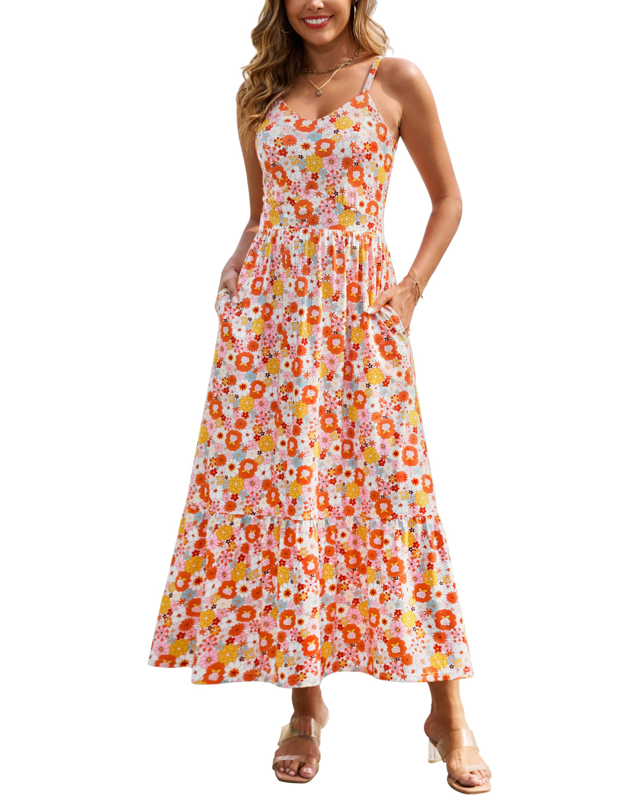 Zattcas Women's 2025 Summer Casual Floral Maxi Dress with Pockets Spaghetti Strap V Neck Empire Waist Beach Long Sundress