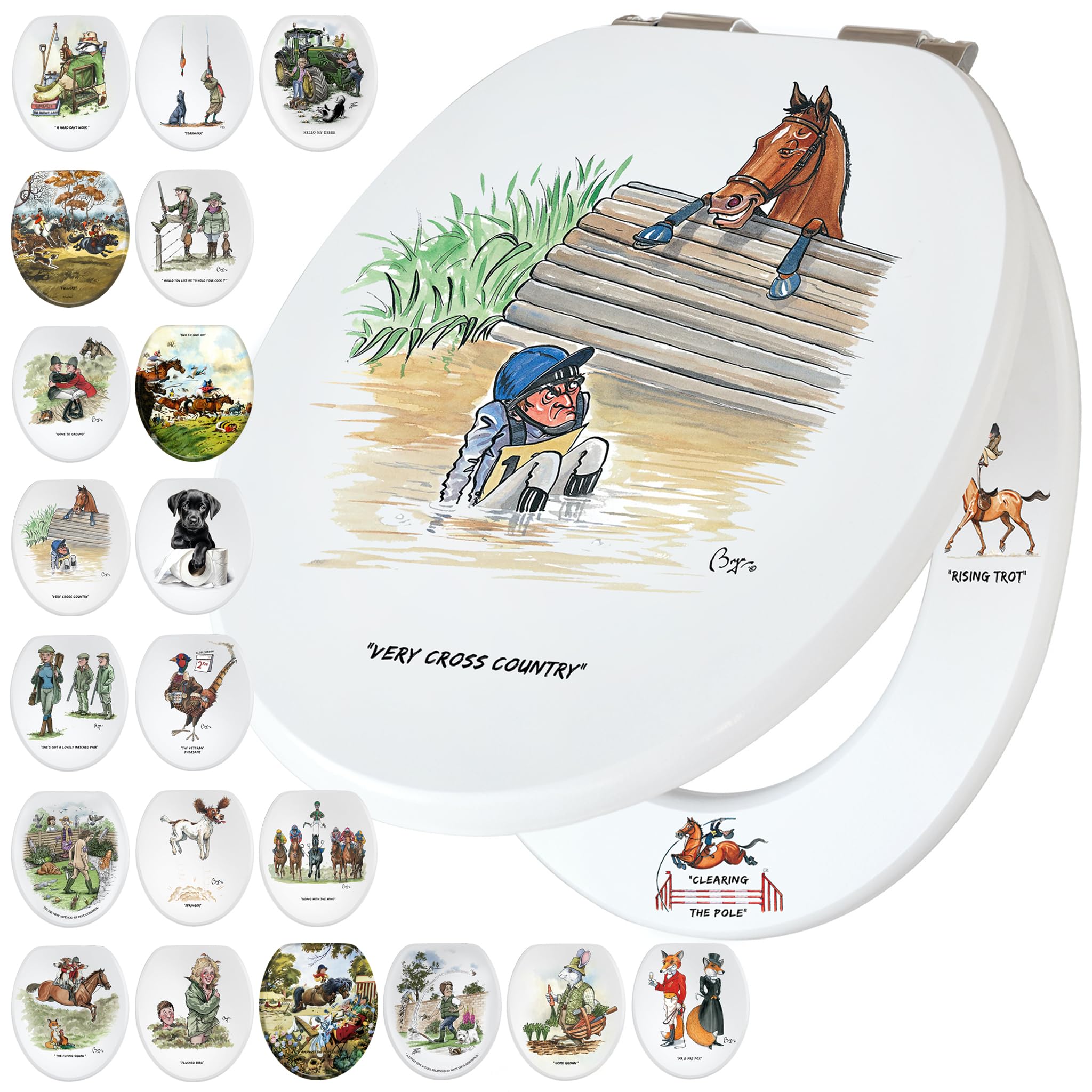 Fun Novelty Toilet Seat Soft Close,Top & Bottom Fixing, Printed On 3 Surfaces With Bryn Parry Equestrian Art Of Eventing, Show Jumping, Dressage Images. A Delightful Horse Riding Enthusiast Gift Idea.