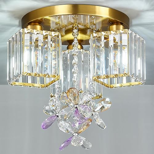 Lámpara de techo semiempotrada, 3 lámparas cerca del techo para cocina, entrada, dormitorio, baño, vestíbulo, moderno, cristal dorado, lámpara