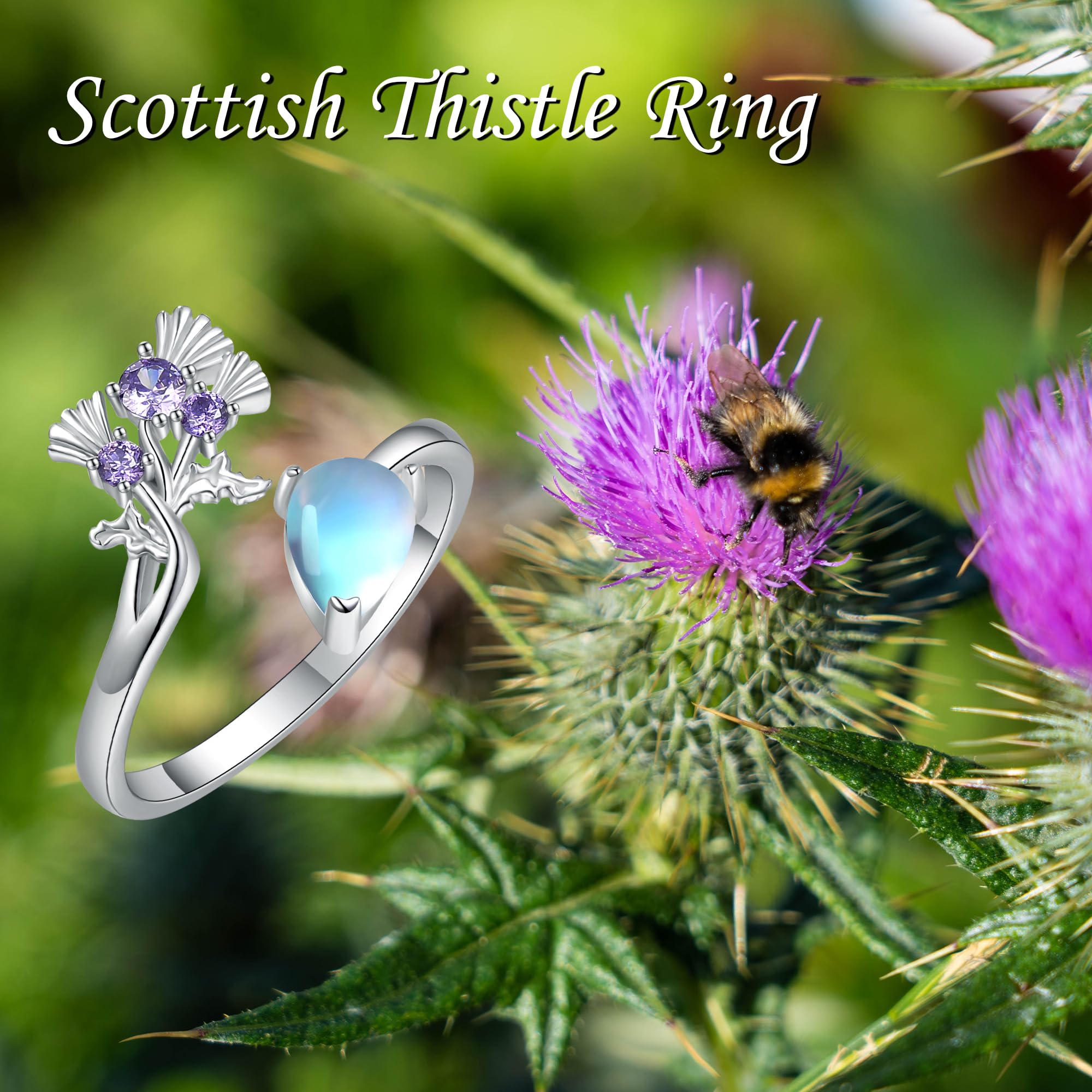 Schottische Distel Ringe 925 Sterling Silber Mondstein Distel Verstellbare Ringe Schottland Muttertag Schmuck Weihnachten Geschenk für Damen Frauen