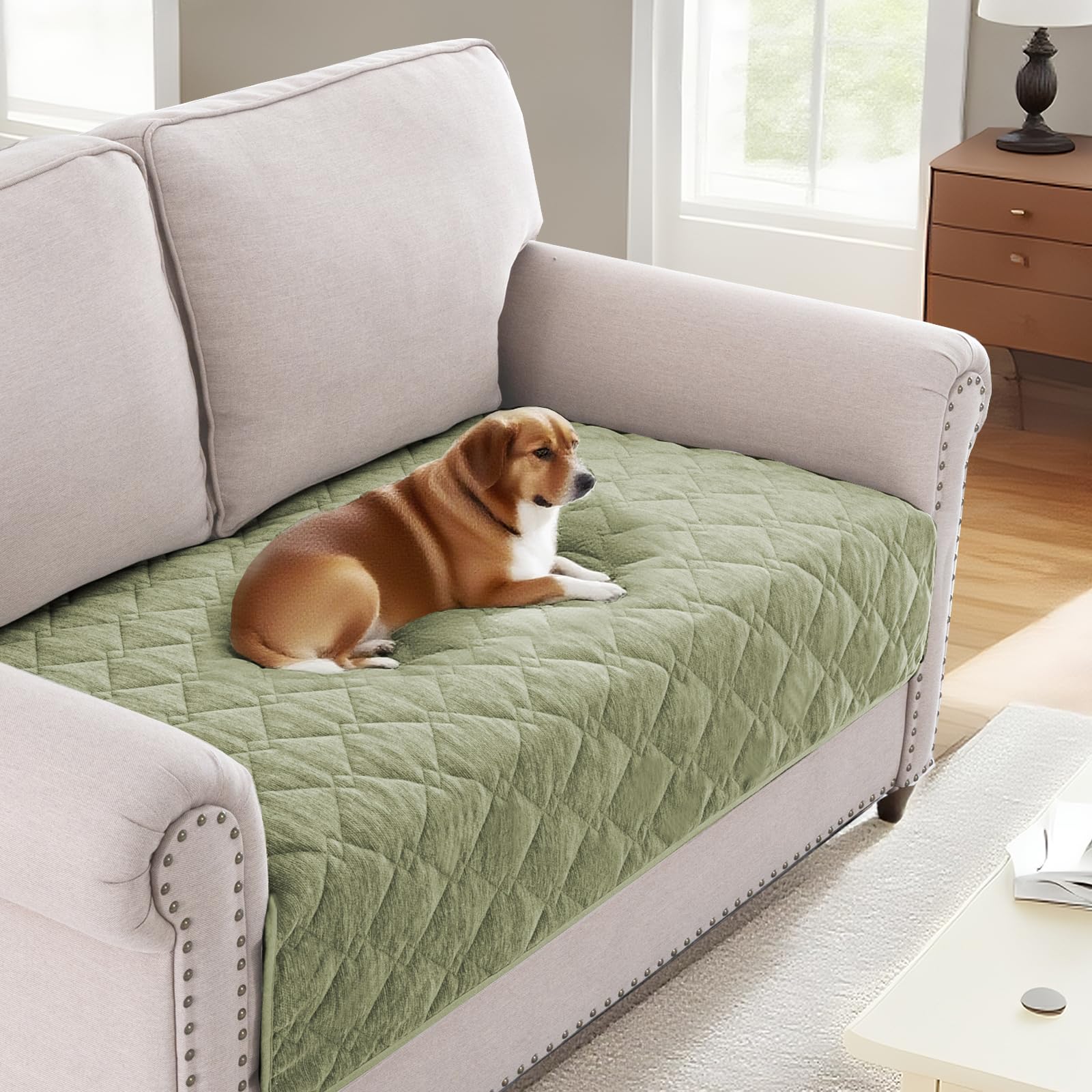 BellaHills Soft Chenille Sofa Cover Pet Fuzzy Sofa Covers 2 Seater Anti Slip Sofa Slipcovers with Strap Couch Cover for Dogs Cats Kids Furniture Protector Washable (90 x 160cm, Tender Green) โ image 1