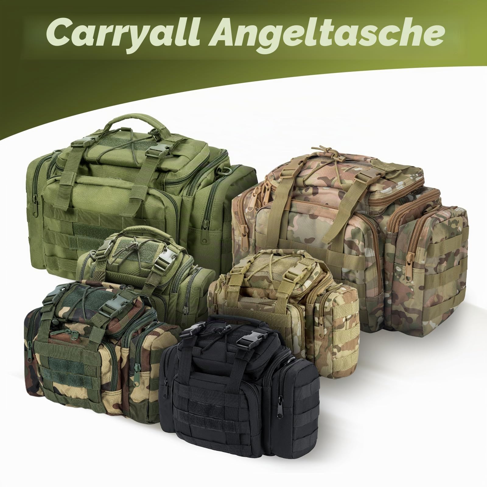 Dr.Fish Angeltasche zur Aufbewahrung von Angelgeräten mit Mehreren Taschen und Schulterbund, große Handtasche, wasserabweisend zum Angeln, Wandern, Jagen, Camping, Reisen, Armeegrün