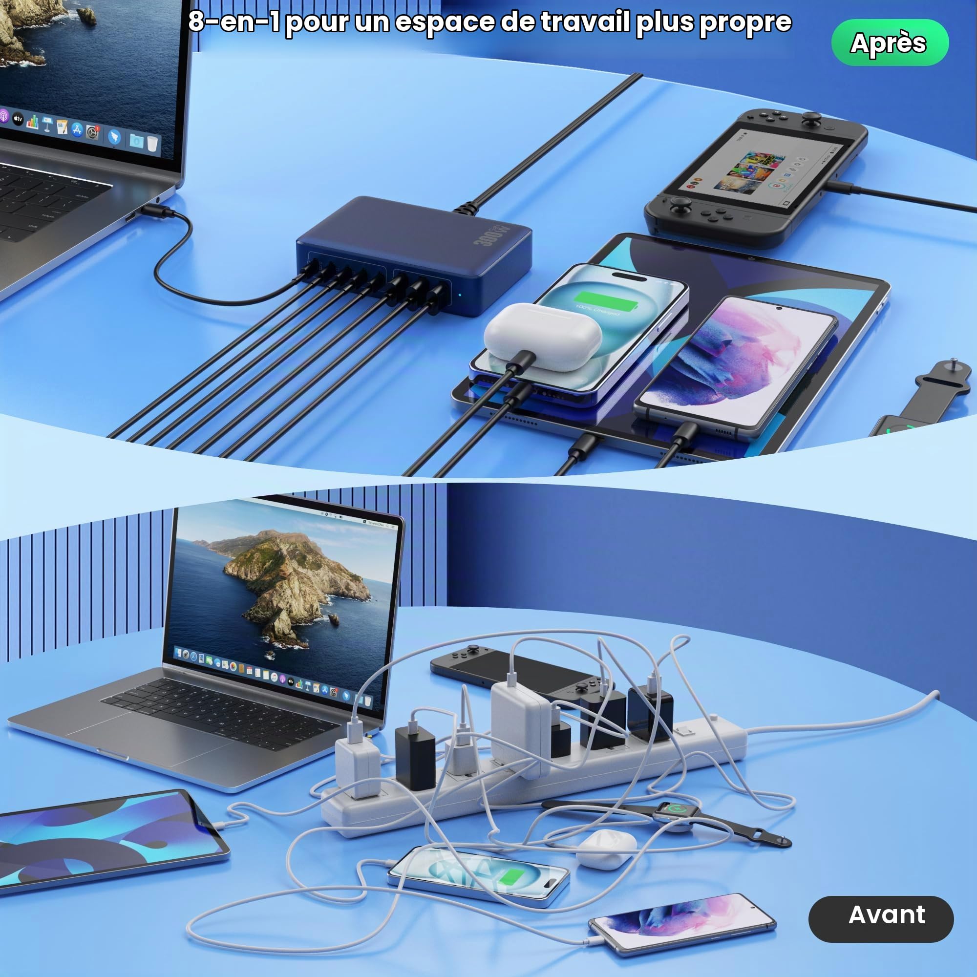 300W Chargeur USB C avec 8 Ports GaN Ⅳ Tech, 100W Chargeur Rapide PD QC PPS Prise USB C Multiple Station de Charge Compatible avec MacBook Pro/Air Laptop, iPhone, iPad Pro,Galaxy,SteamDeck-Bleu foncé