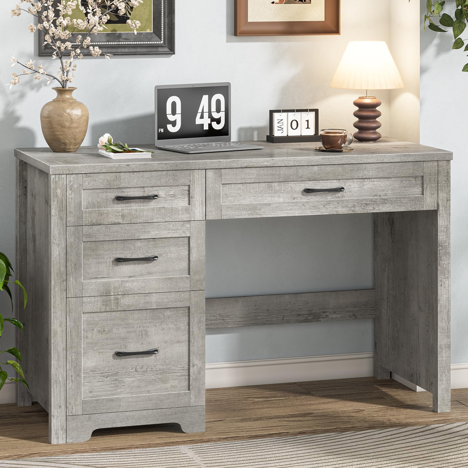 Vabches Home Office Desk with 3 Storage Drawers, Grey
