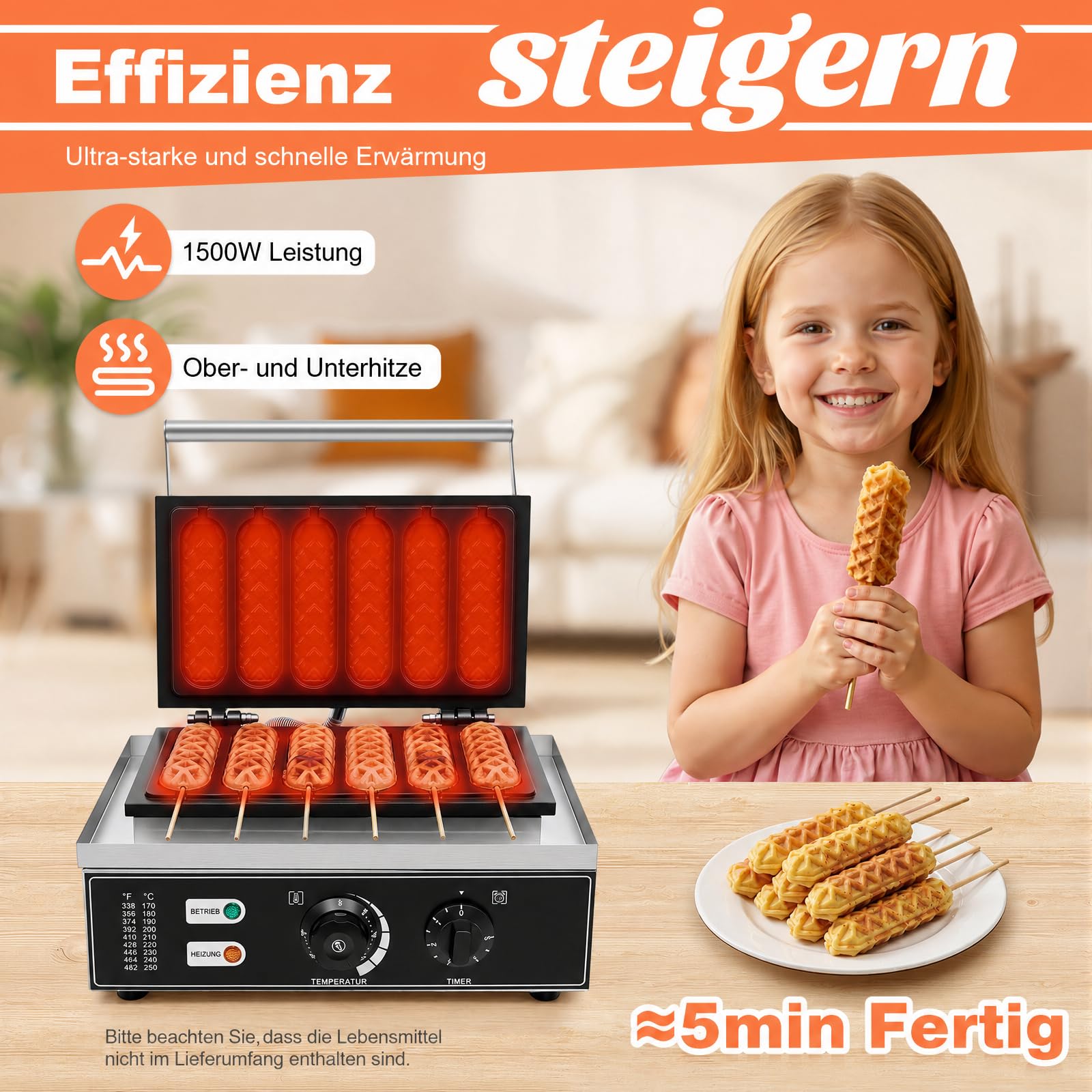 Waffeleosen, 1500W Edelstahl Waffeleisen 6 Waffeln waffeleisen am stiel Antihaftbeschichtung Waffeln Am Stiel Waffelsticks Corn Dogs für Waffeln Am Stiel Waffle Bäckereien, Restaurants
