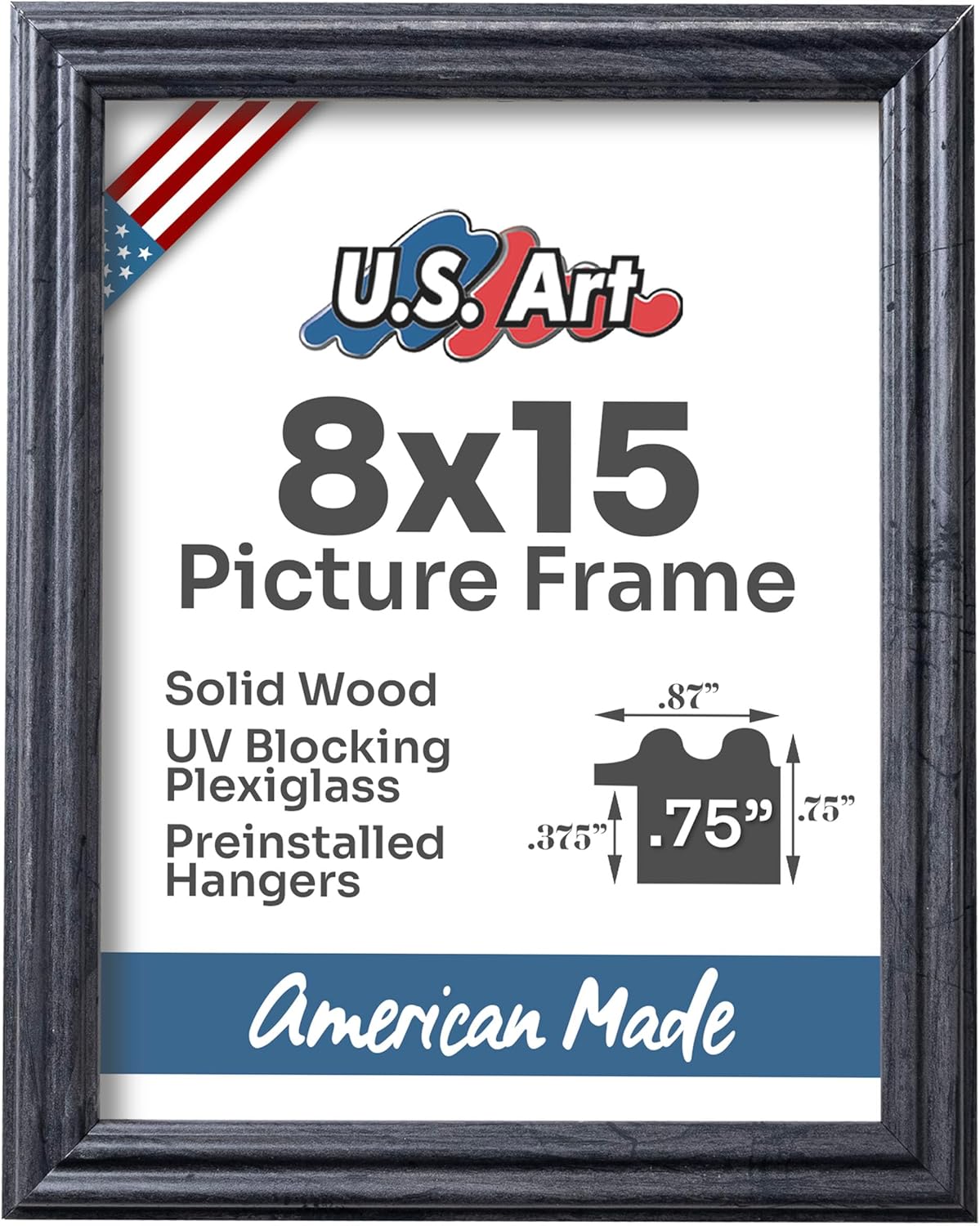 Distressed Charcoal Gray 8x15 Picture Frame .75" Inch Wide - Gray Wall Decor Handmade Solid Wood Frames with Preinstalled Hangers and UV Blocking Plexiglass 15x8 Frame