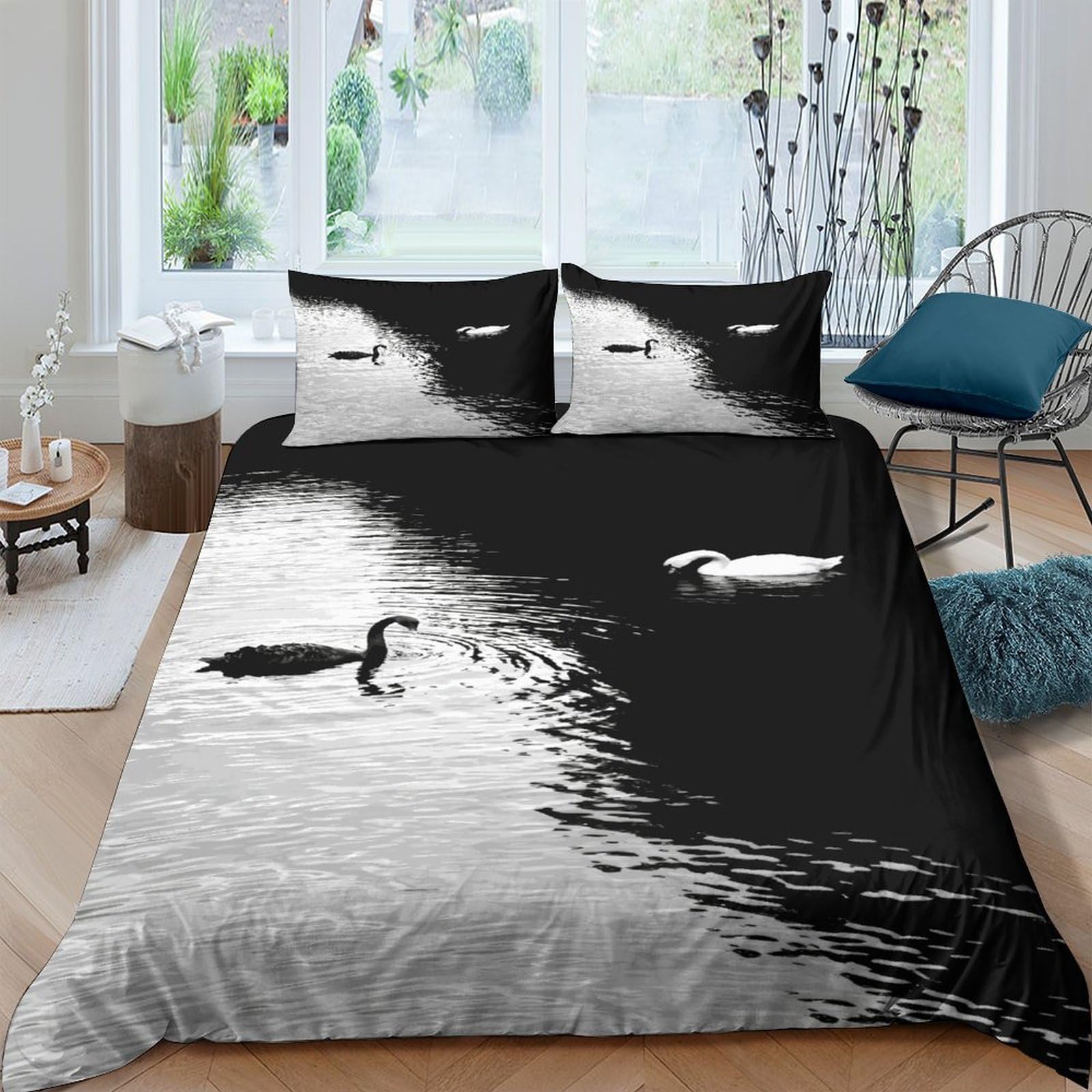 Housse de couette cygne imprimé 3D style gris pour chambre adultes et enfants
