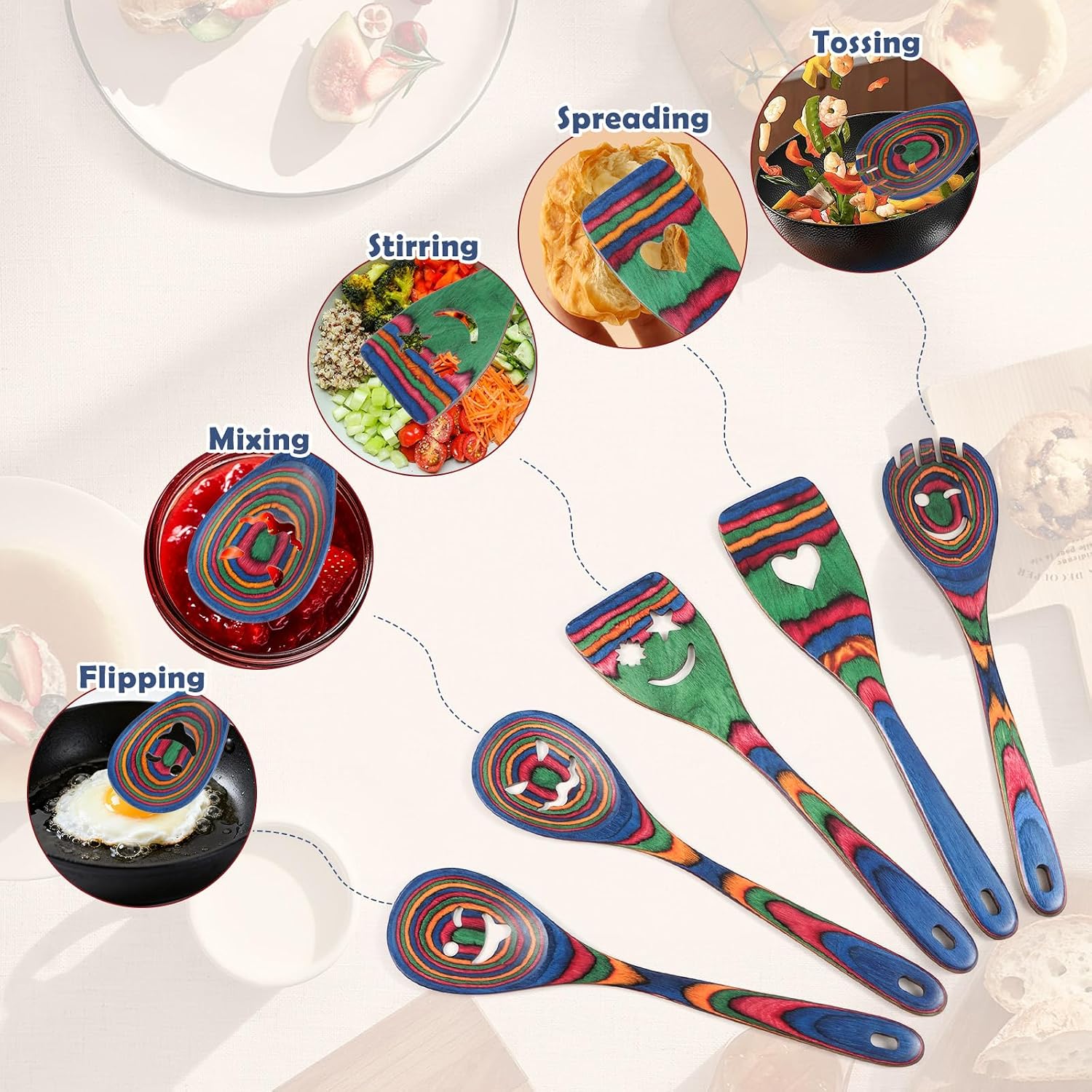 Pakkawood Cooking Utensils Set Wooden | with Storage Canister Spectrum Colorful Wooden Spoons for Cooking Pakka Wood Cooking Utensils Set Nonstick Heat Resistant