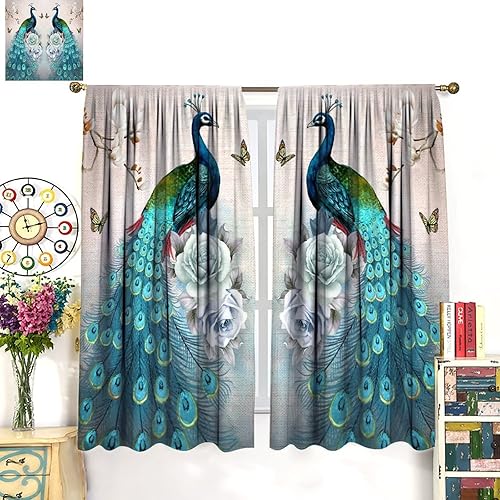Miniatura 73 de Cortina opaca con estampado de pavo real, con estampado de animales retro, con bolsillo para cortinero y flores de peonía doradas, para dormitorio,