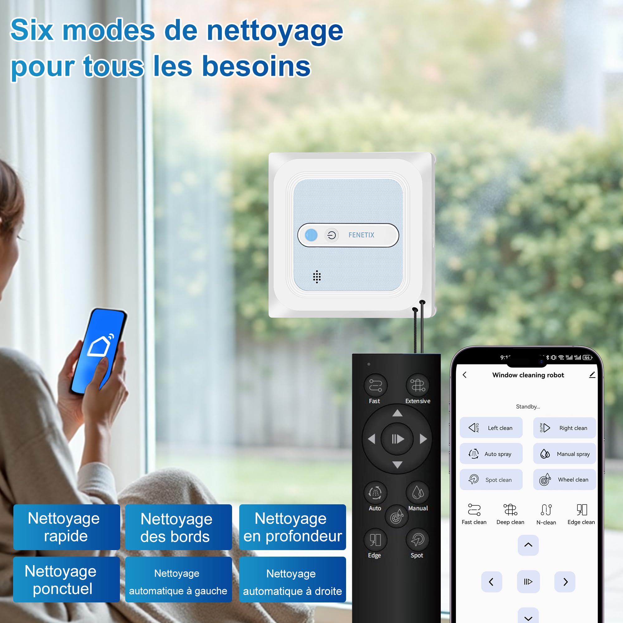 Robot Lave-Vitre Intelligent, Robot de Nettoyage de Vitres avec 6 Buses, Détection des Bords & Planification Intelligente, 6000Pa, Contrôle par App, pour Verre, Miroirs et Carrela (YW757)