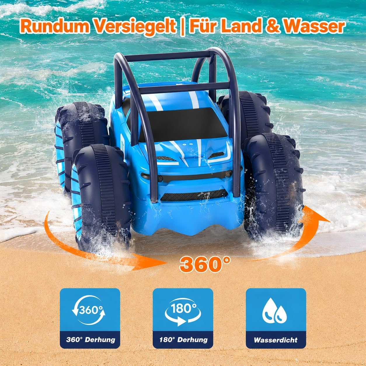 MaxTronic Amphibisches RC Auto 4WD Wasserdicht 15km/h 2.4G USB-C 360° Stunt LED