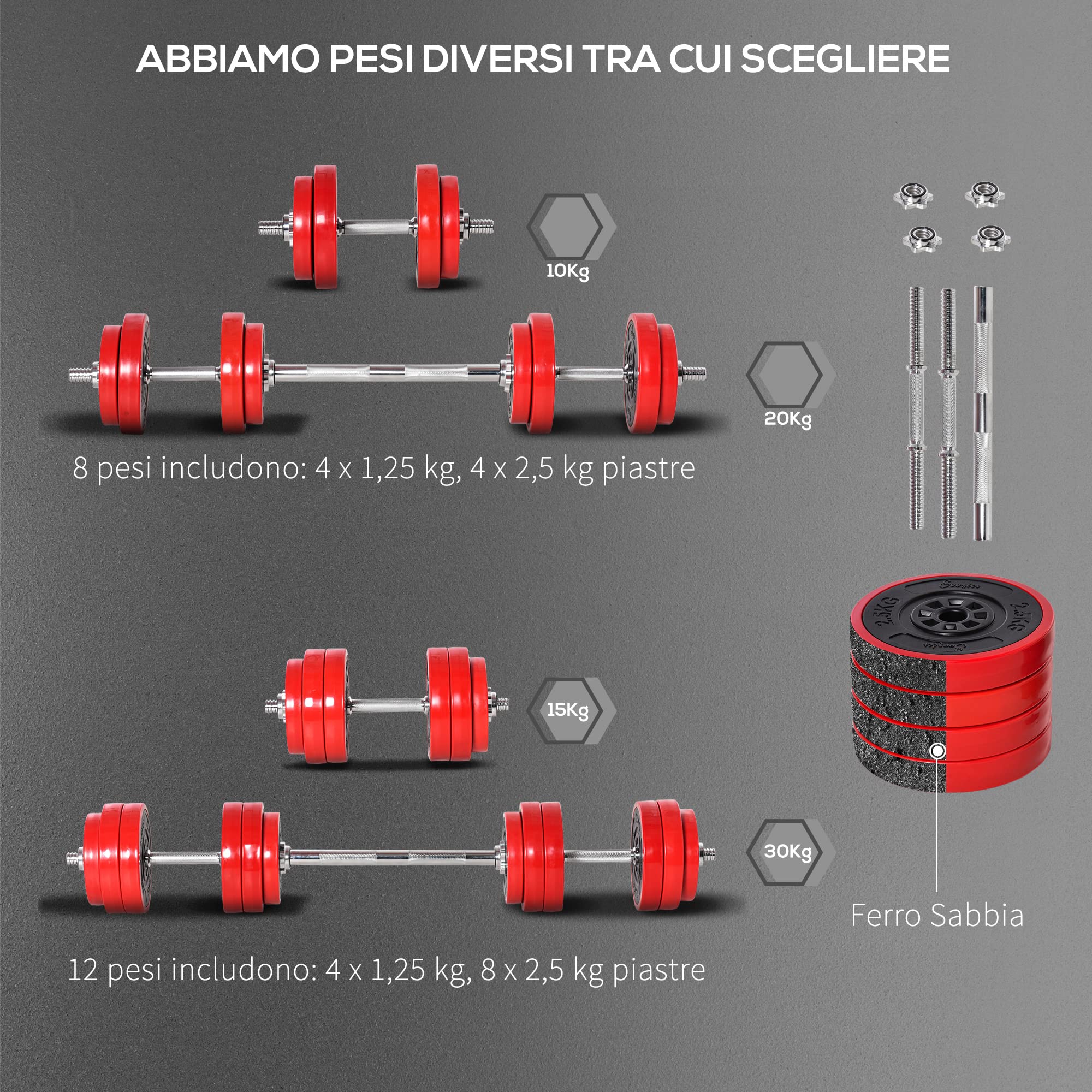 HOMCOM Set di Manubri Pesi 2 in 1 da 20/30kg, Dischi con Rivestimento in Plastica Antigraffio, Rosso e Nero