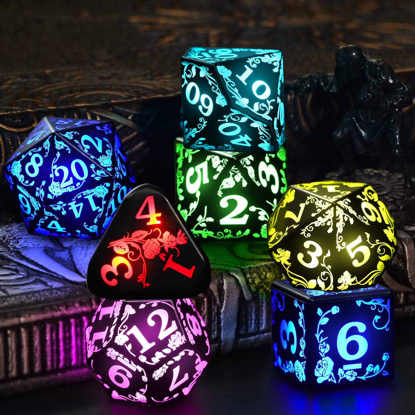 FONVGOGO Set di dadi LED luminosi wireless D&D ricaricabili per Dungeons and Dragons RGB DND dadi con scatola di ricarica, dadi poliedrici per giochi di ruolo in 7 colori, per regali DND RPG giochi da