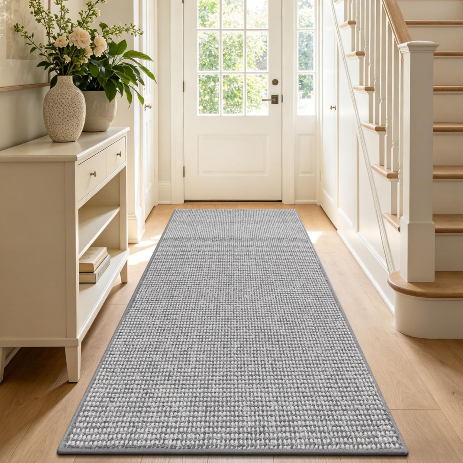 Enyhom Tapis de Couloir Antidérapant 60 x 180 cm, Long Tapis de Cuisine Lavable en Machine Tapis Couloir Chic Tapis Entree Interieur pour Interieur Salon Buanderie Balcon Entrées, Gris + Blanc
