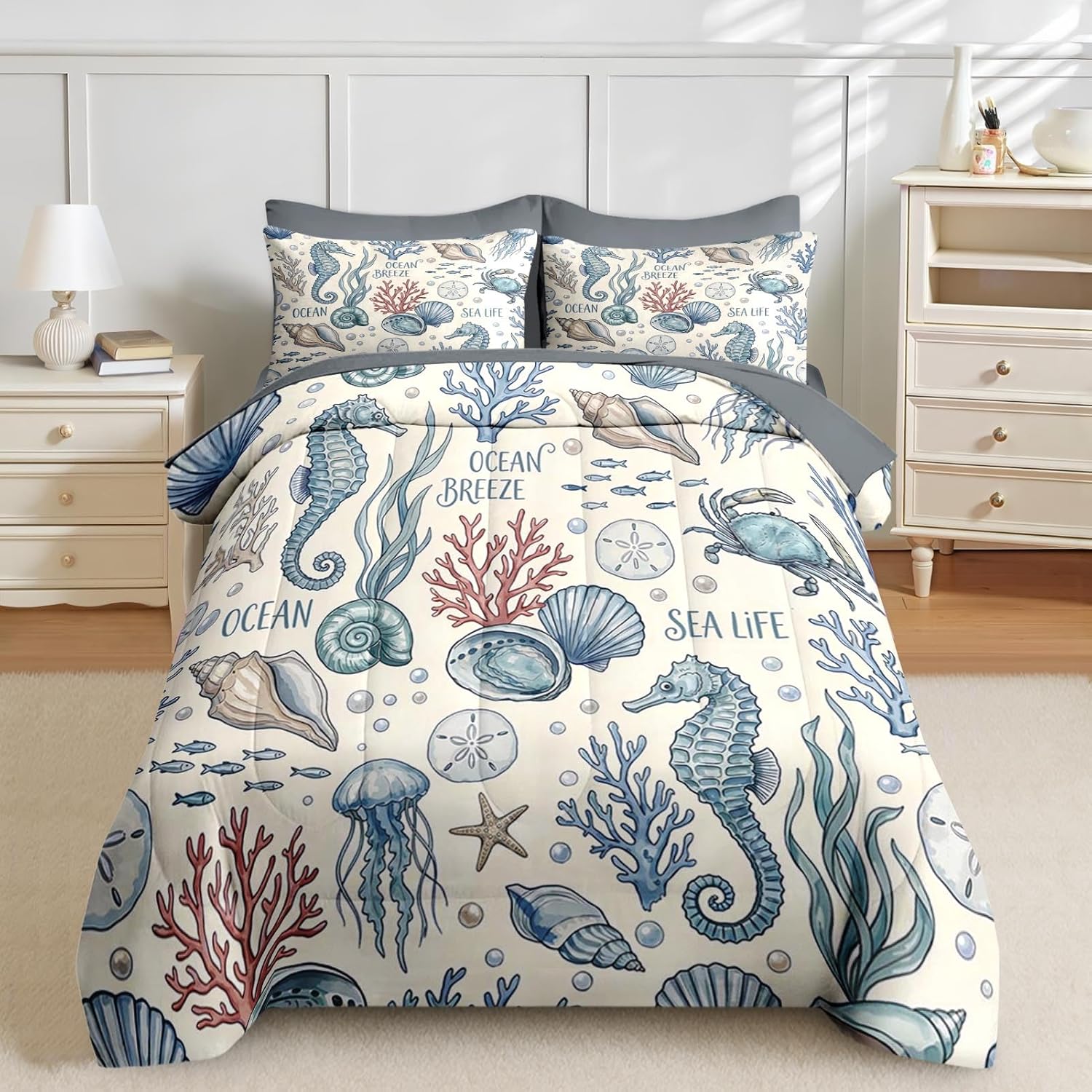 Nesker 7 Pcs Comforter Set Queen Size, Nautical Coastal Seahorse Bedding Set for Kids and Adults, Coral Shell Sea Ocean Bed Sheet Set with Fitted Sheet 2 Pillowcases & 2 Shams