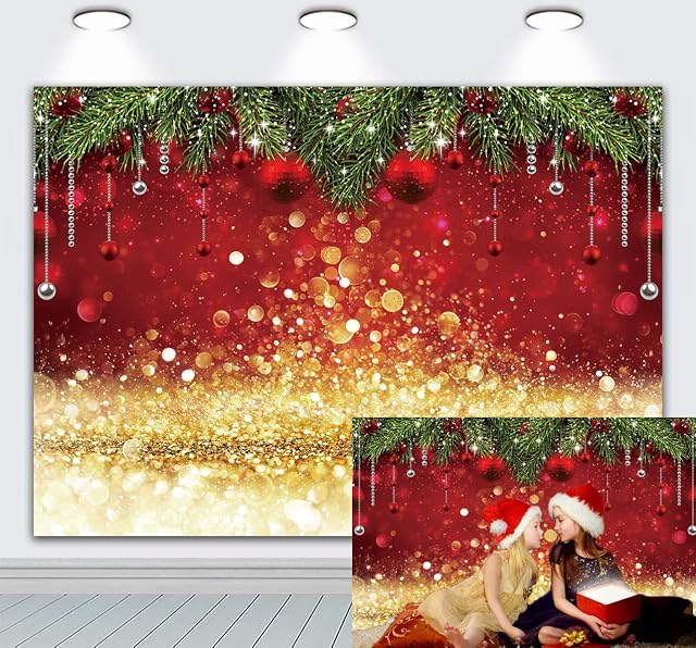 INRUI Winter Christmas Photography Backdrop Sparkle Red Merry Xmas Family Party Background (7x5FT)