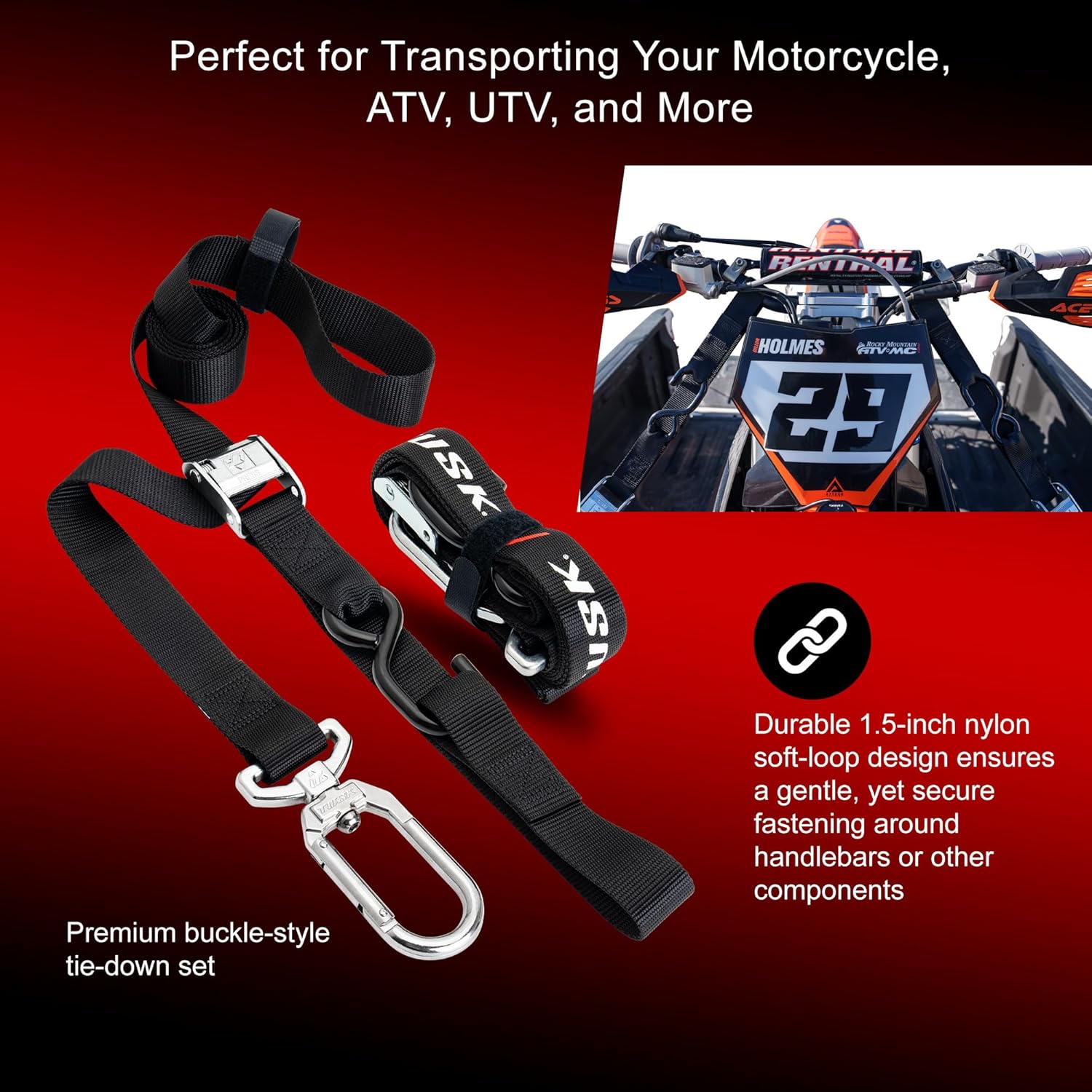 Tusk Motorcycle Swivel-Hook Carabiner Soft-Loop Tie Downs for Motocross Dirt Bikes Mountain Bikes ATV - Durable 1.5 Inch Nylon Premium Buckles Non Slip 1200lbs Max Load (2 Tie Downs)