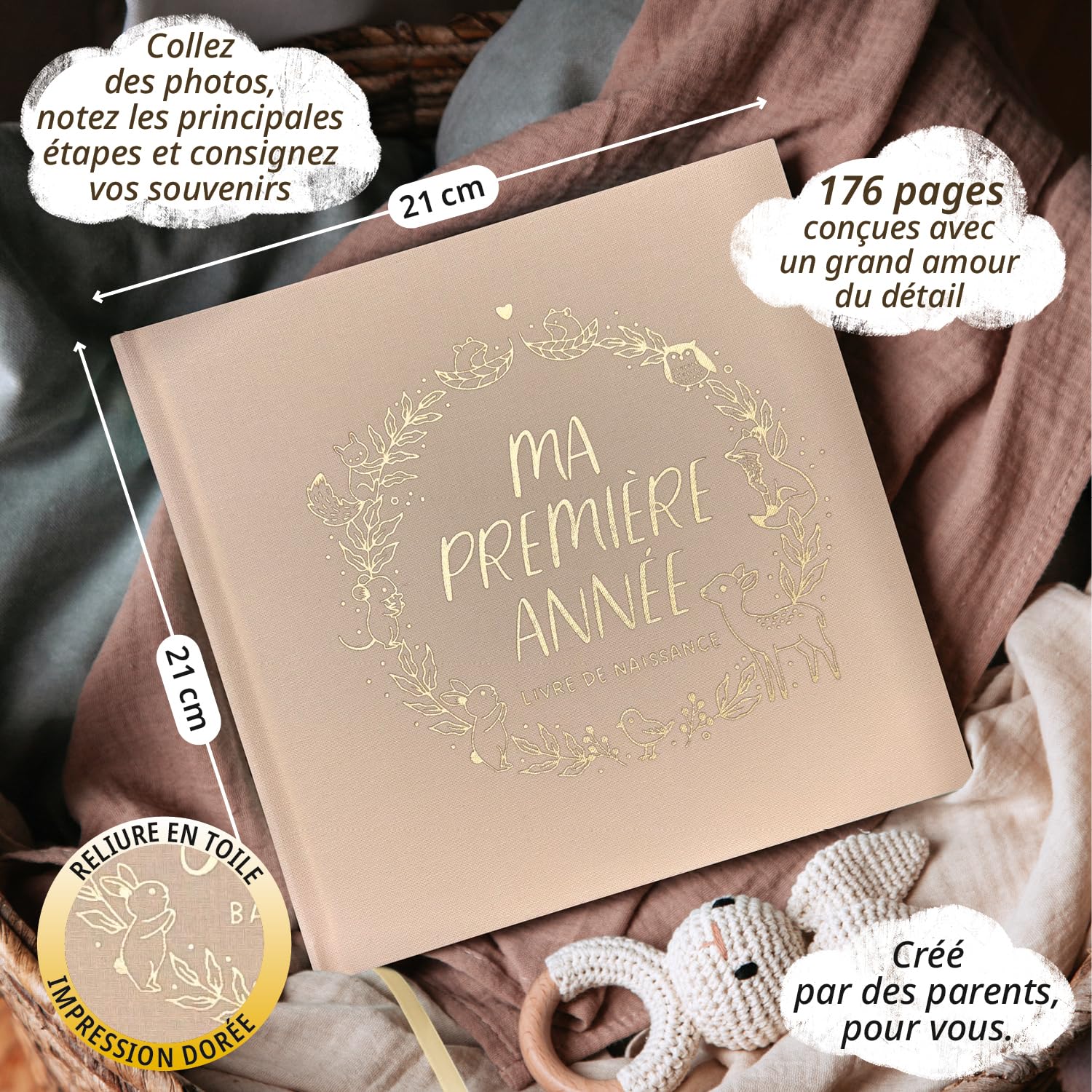 Livre de naissance I Ma première année + set d’autocollants I Album photo bébé PREMIUM avec lettrage or I 176 pages I Cadeau de naissance pour fille et garçon I Cadeau spécial bébé (Lin)