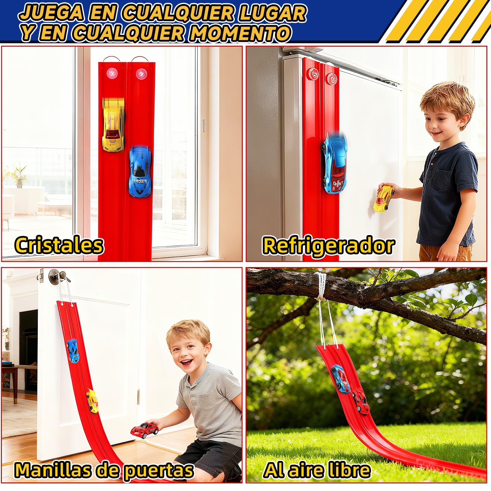 Charmofun Pista de Coches Flexible 5M, Pista de Coches para Niños con 4 Coches, Bolsa Almacenamiento, 2 Lanzadores, 8 Rampas y Ventosas, Pista De Carreras Portátil para Niños de 3+ Años (Rojo)