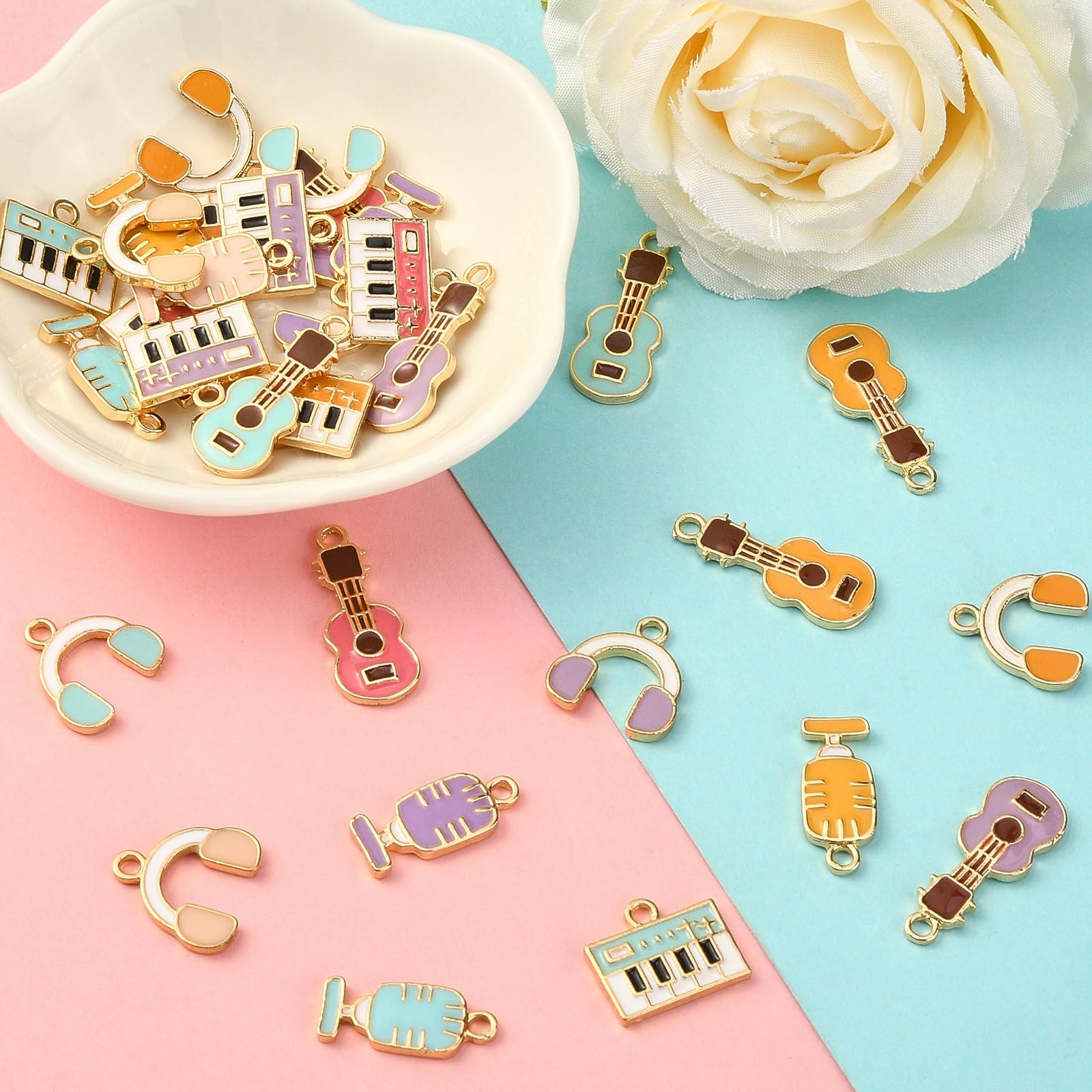 Stiesy 32Pcs Enamel Instrument Charms Pendants Music Theme Charms Earphone Guitar Microphone Dangle Charms for Jewellry Making DIY Crafts - Image 3