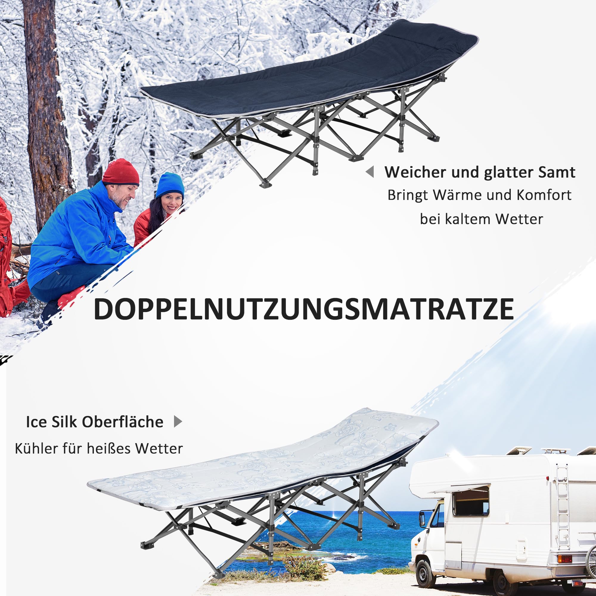 Outsunny Lit de camping pliable Lit de camp pliable avec oreiller Poche latérale Matelas Lit d'invité pouvant supporter jusqu'à 150 kg Voyage Outdoor Oxford bleu foncé 188 x 64,5 x 53 cm