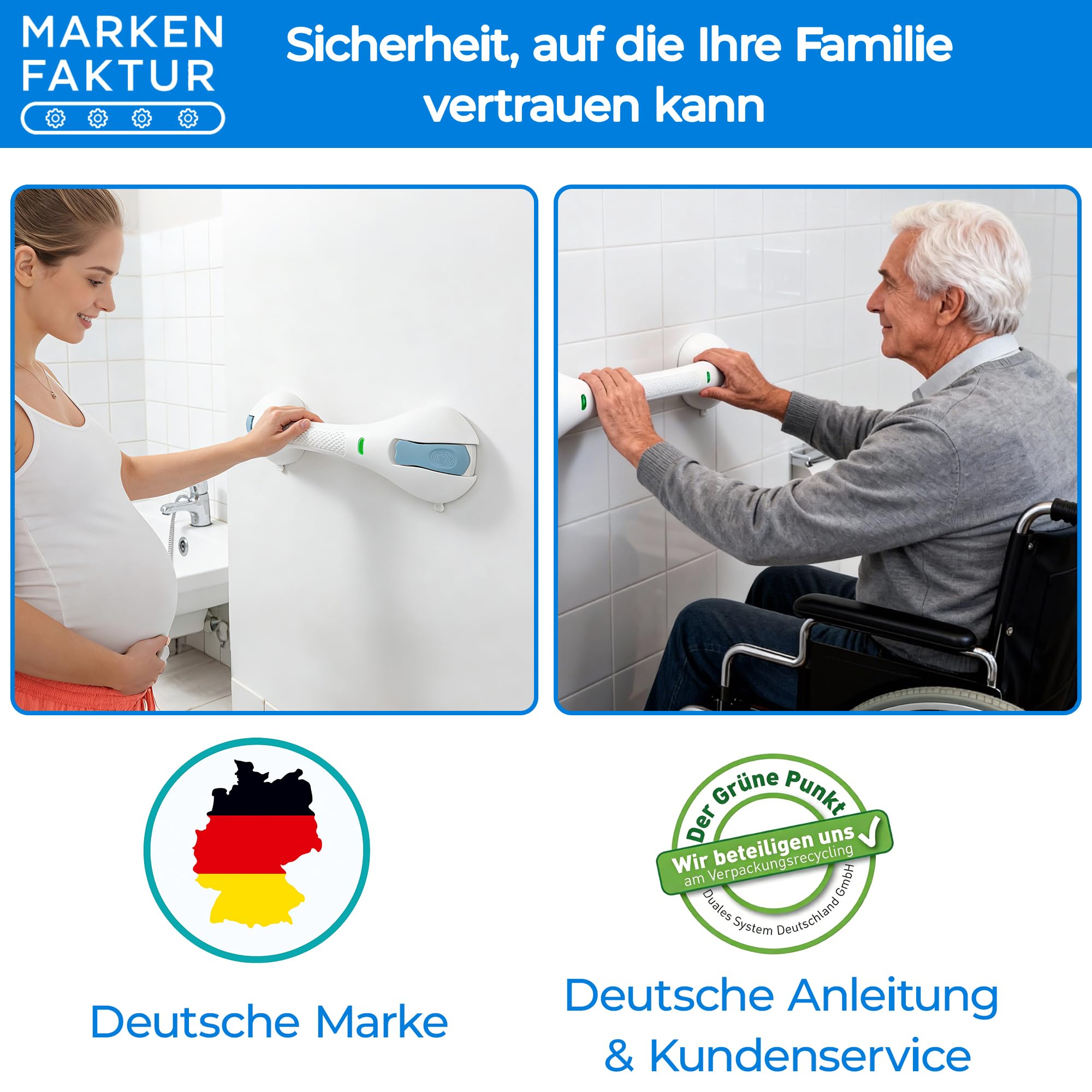 INNOVATIVER Haltegriff Dusche ohne Bohren – Rutschfeste Aufstehhilfe bis 120 kg – 44 cm Duschgriff mit Saugnapf – Stabiler Haltegriff für Bad & Dusche – Badewannengriff ideal für Senioren