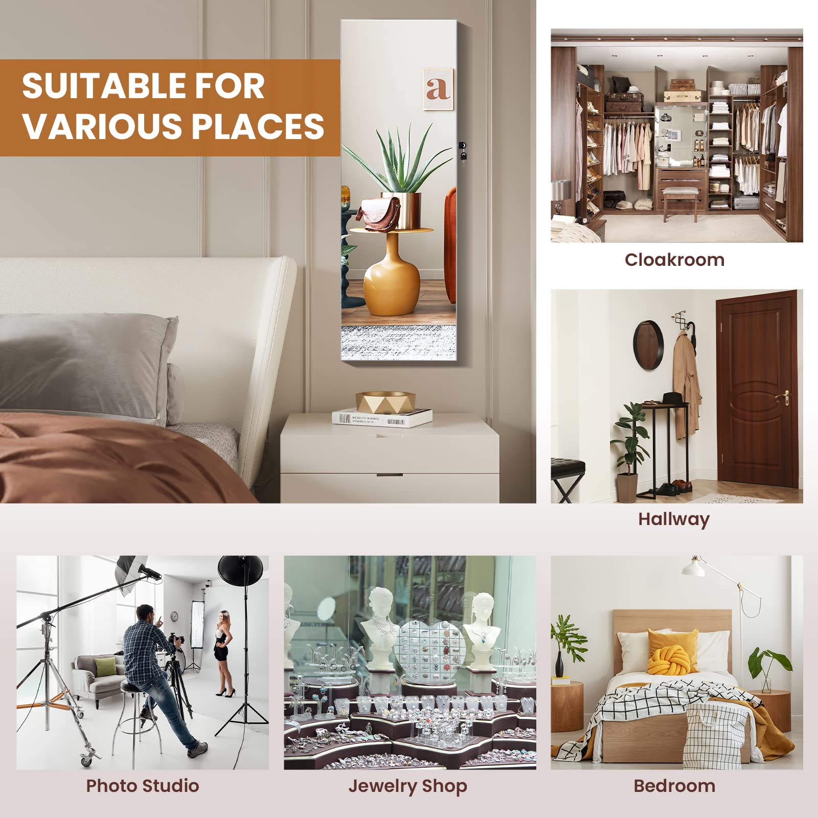 RELAX4LIFE Schmuckschrank hängend, Spiegelschrank mit 2 Schubladen & 6 LEDs & Schloss, Schmuckorganizer für Ohrringe & Armband & Kette & Ringe & Kosmetik, Beleuchtungen, Tür- & Wandmontage (Weiß)
