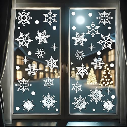 Miniatura 4 de 155 piezas de calcomanías de vinilo de copos de nieve blancos para ventanas de vidrio, decoraciones de Navidad para interiores, calcomanías de