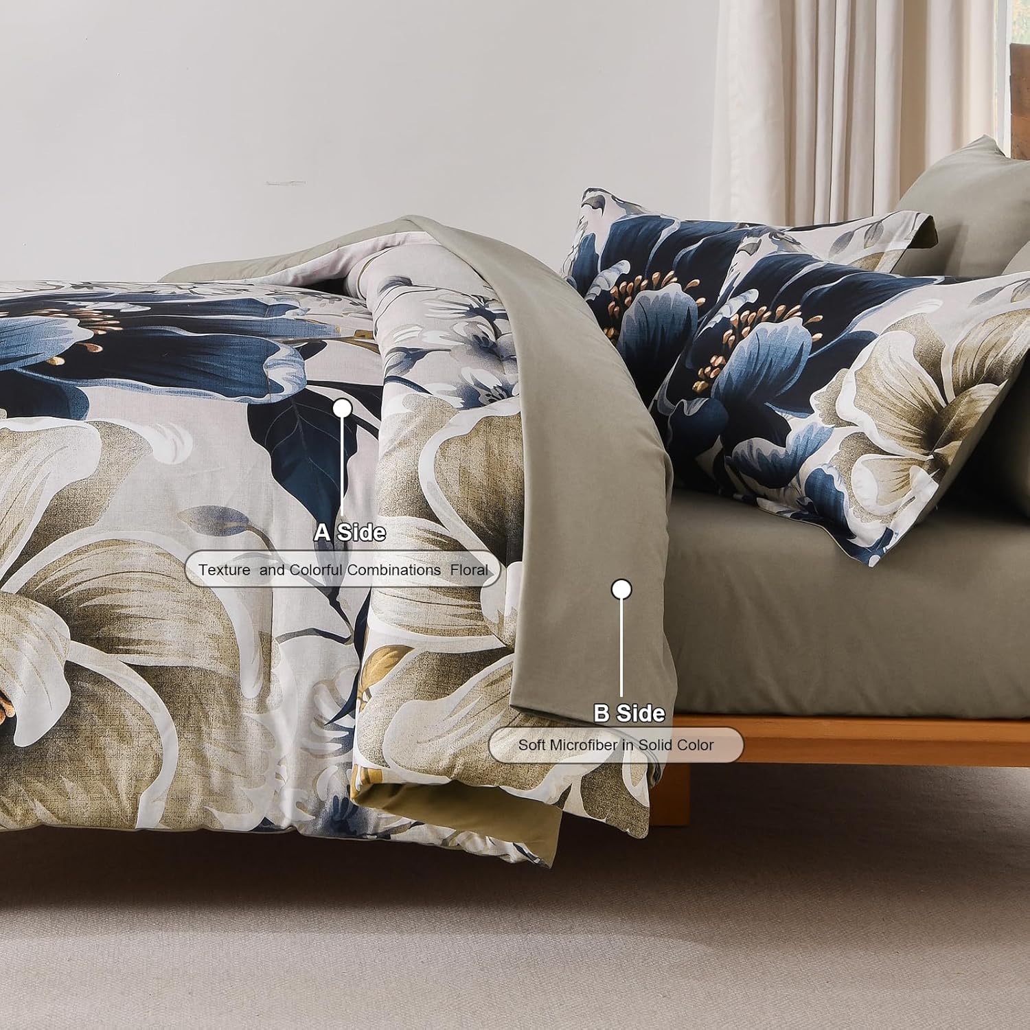 Dintszyayue Brown Comforter Set King Size, 7 Pieces Floral Bed in a Bag Set, Texture Blue Flower Bedding Sets, Soft Microfiber for All Season with Flat Sheet Fitted Sheets Pillowcases and Shams - Image 6