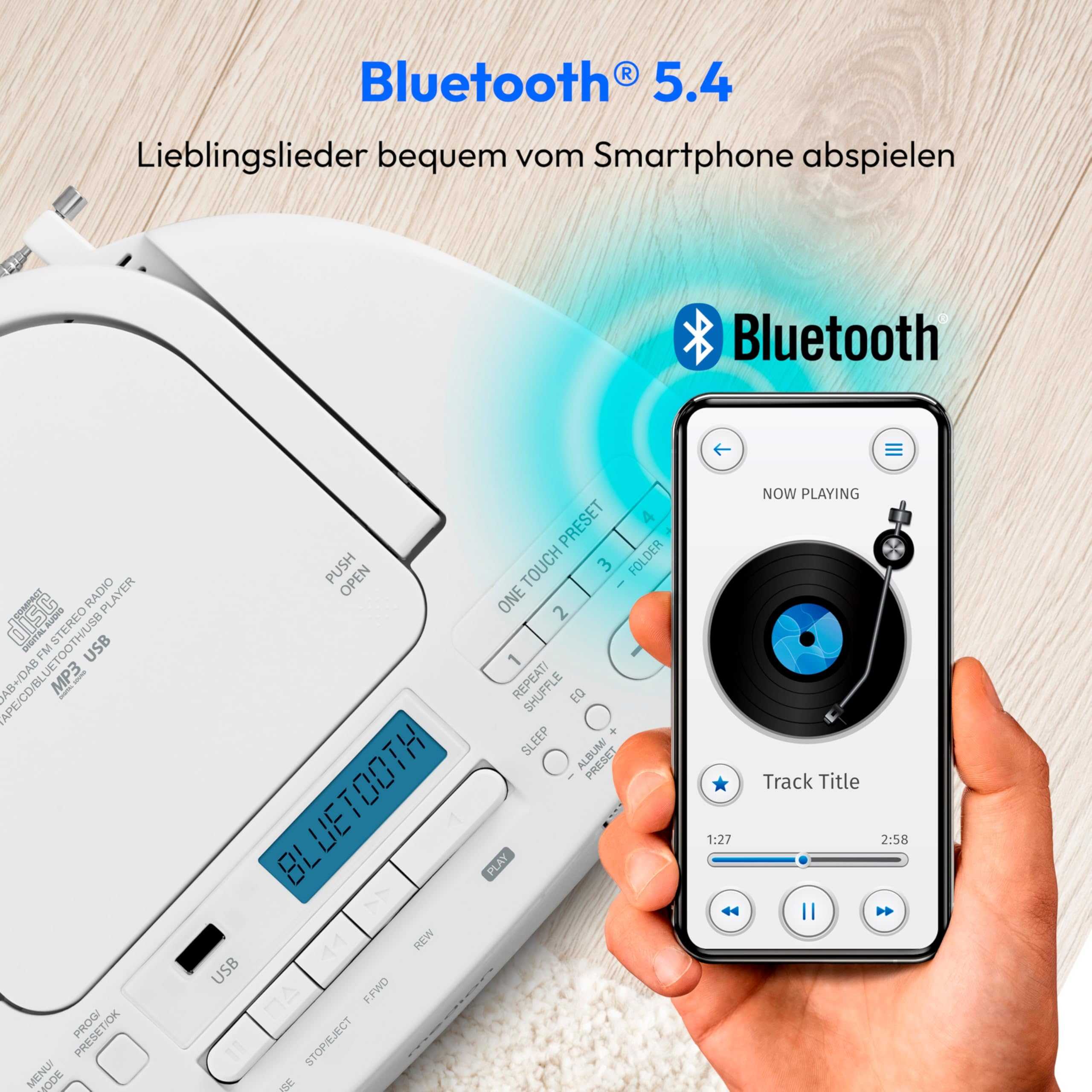 MEDION DRX-1 Plus Boombox (tragbares DAB+ UKW Radio, Bluetooth, CD-Player, MP3, Kassette, Kopfhöreranschluss, Stereo Sound System, AUX, Netz & Batterie) weiß