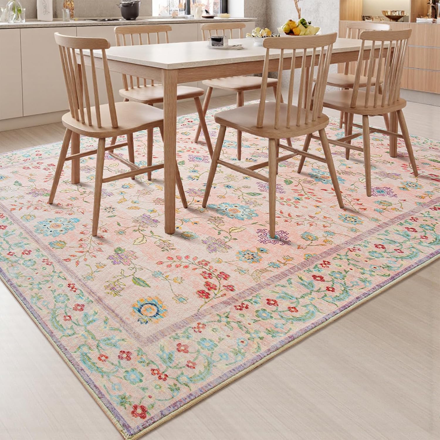 Pale Pink Rug for Girls Room, 5x7 Floral Washable Area Rug Non Slip, Boho Low Pile Carpet with Rubber Backing for Bedroom Living Room Bathroom Playroom Nursery Office