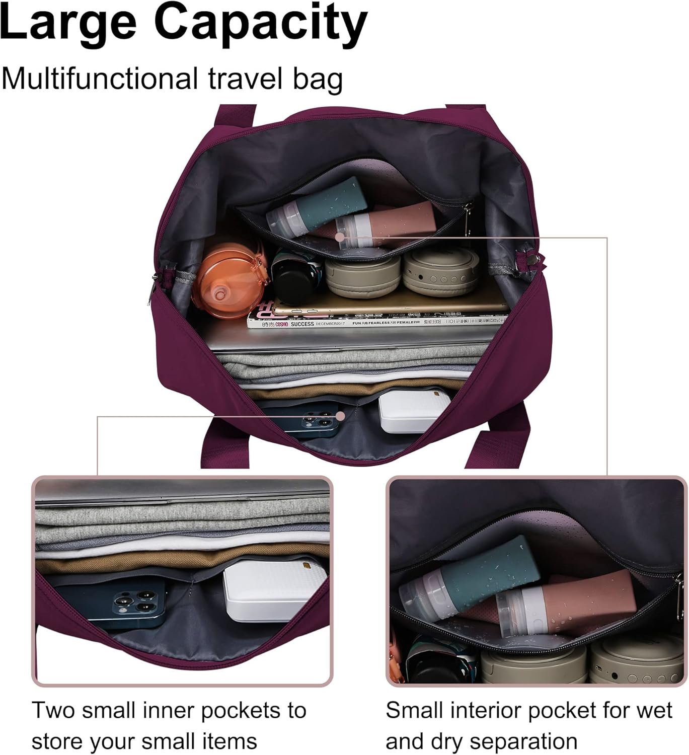 Maylisacc Folding Travel Bag for Women, Overnight Tote Bags for Travel, Womens Carry on Duffel Bag, Waterproof Weekender Bag for Gym Sports Hospital, Purple