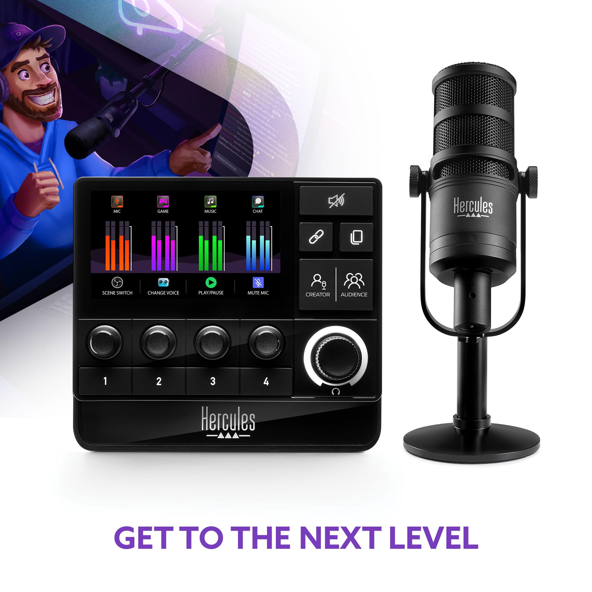 Hercules Stream Essentials Kit - Stream 200 XLR, Contrôleur audio gaming pour PC + micro XLR + Voicemod Pro (3 mois) - Carte son & submix pour streamers