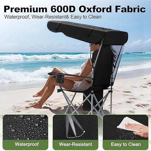 Miniatura 6 de Silla de camping portátil con dosel, silla plegable con toldo, silla Oxford 600D duradera para camping, playa, picnic, pesca y deportes
