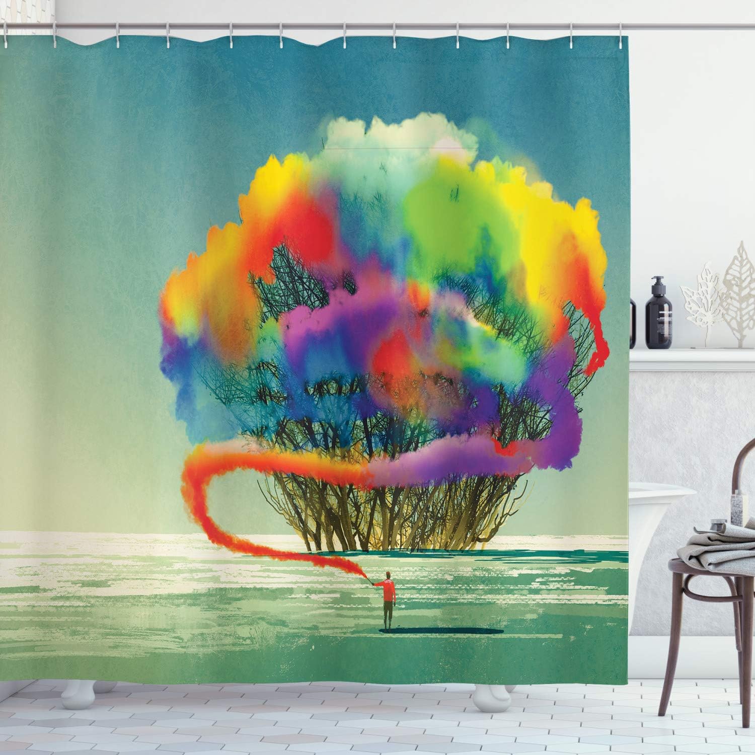 Ambesonne Fantasy Shower Curtain, Psychedelic Man Drawsbstract Tree Colored Smoke Flare Be Creative Print, Cloth Fabric Bathroom Decor Set with Hooks, 69" W x 70" L, Pale Green