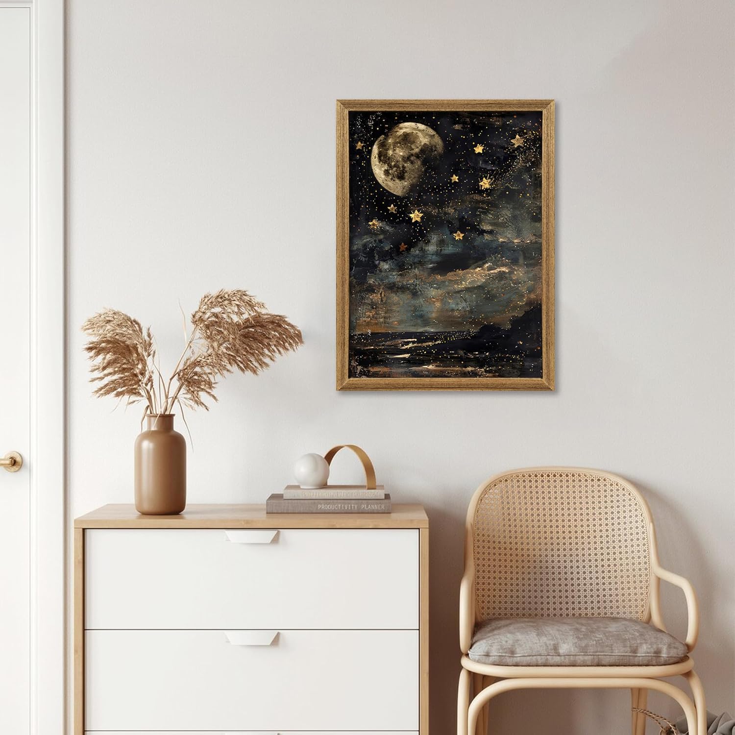 ICHZUMW Moon and Stars Celestial Canvas Wall Art, Mystical Moody Night Sky Poster Prints, Vintage Witchy Dark Academia Wall Decor, Framed Eclectic Gothic Home Decor for Desk Bedroom Bathroom, 12x16in