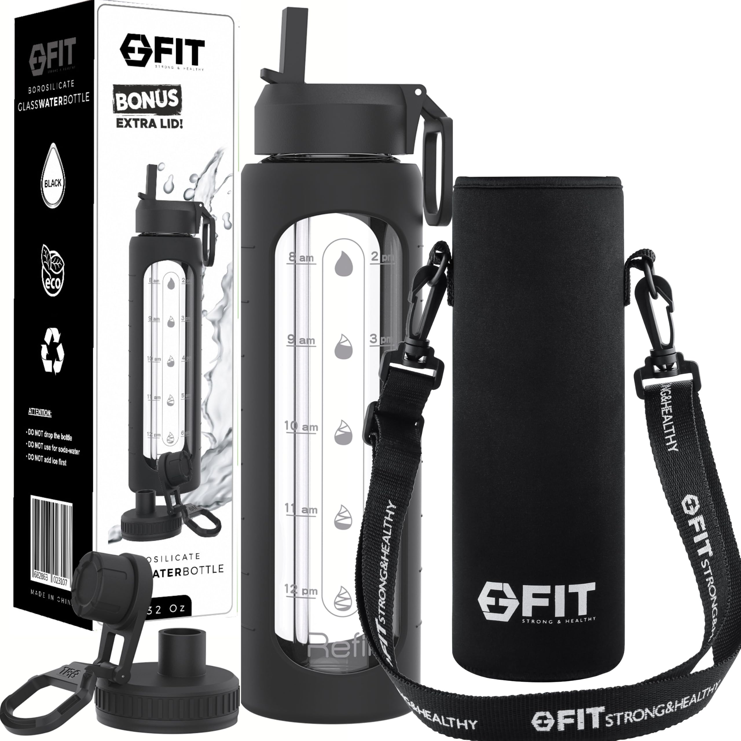 FIT Strong & Healthy Szklana butelka na wodę, przypomnienie o pojemności 950 ml – dodatkowa pokrywka, wielokrotnego użytku, szeroki otwór, przypomnienie o nawodnieniu, 1 litr szklana butelka na napoje, izolowana (czarny rękaw + pojemnik)