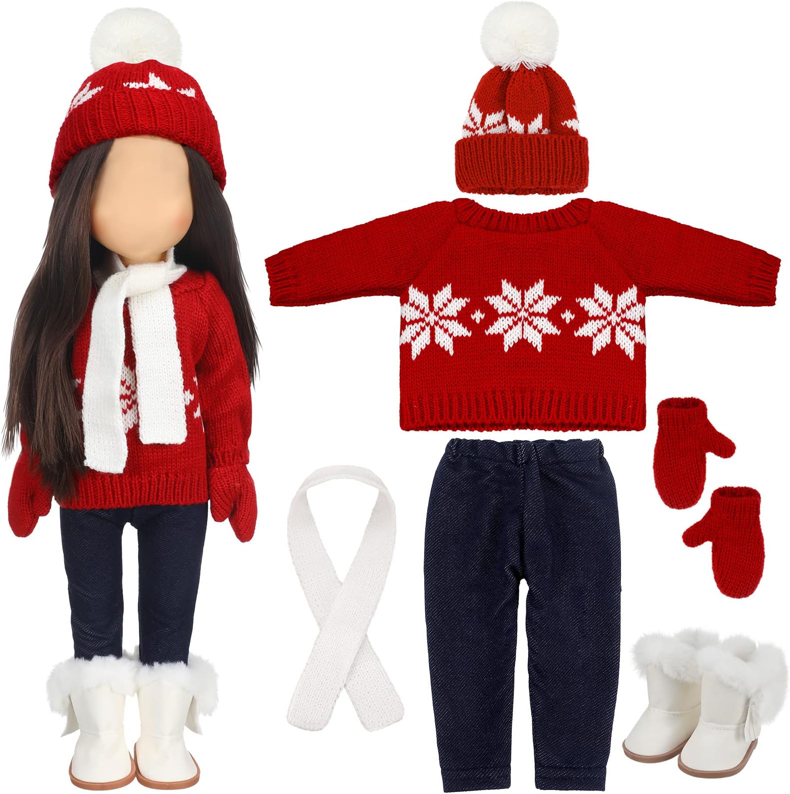 Bencailor Christmas 18 Inch Doll Clothes and Accessories Winter Doll Outfits Set Sweaters Trousers Hats Shoes for 18 Inch Doll Girls Gifts (Red, White,Snowflake)
