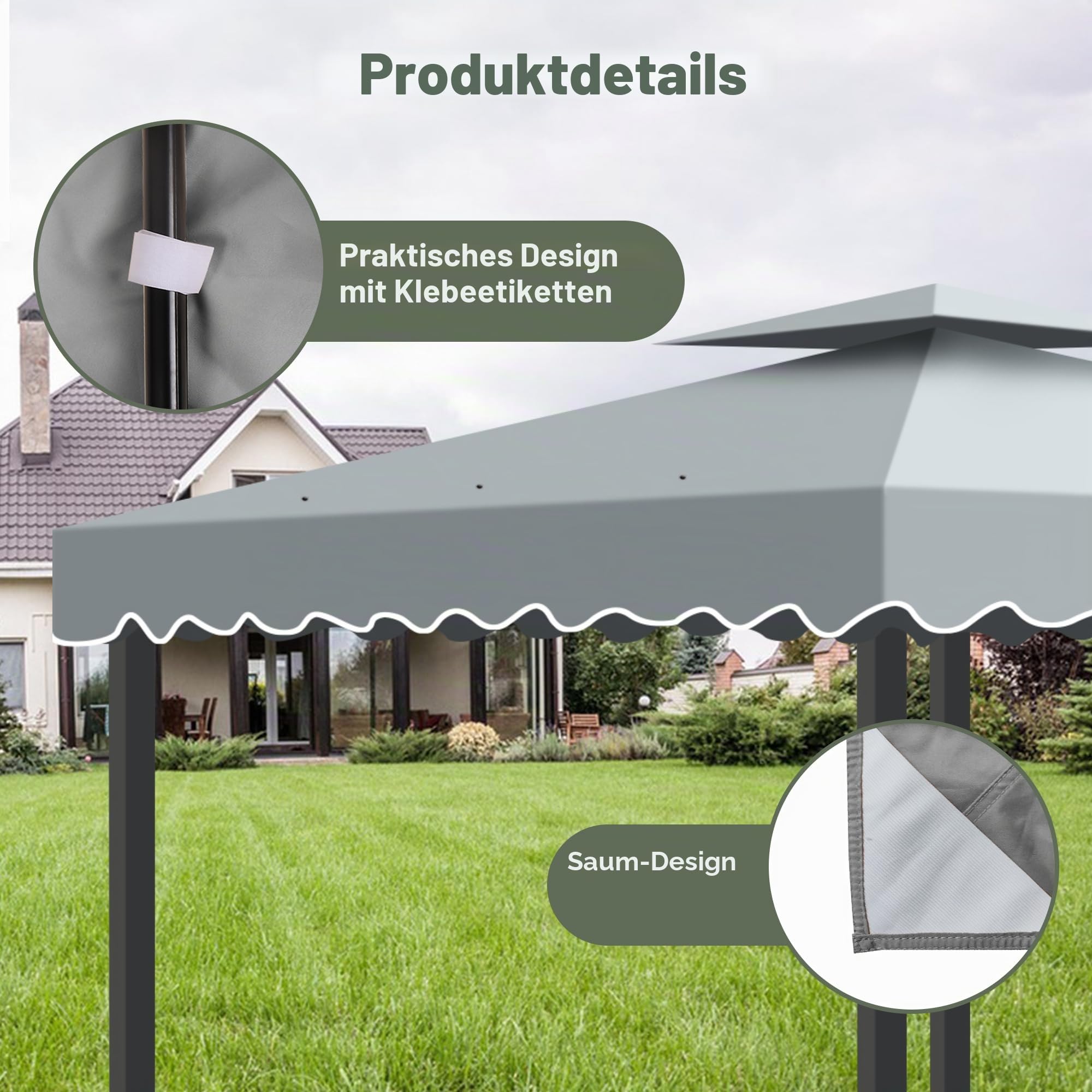 Ersatzdach Pavillon 3x3, Faltpavillon 3x3 Wasserdicht UV-Schutz Doppeldach mit Air Vent und 12 Wasserabflusslöcher,Winterfest Stabil Pavillondach Ersatzzeltdach für Garten Terrasse Camping (Grau)