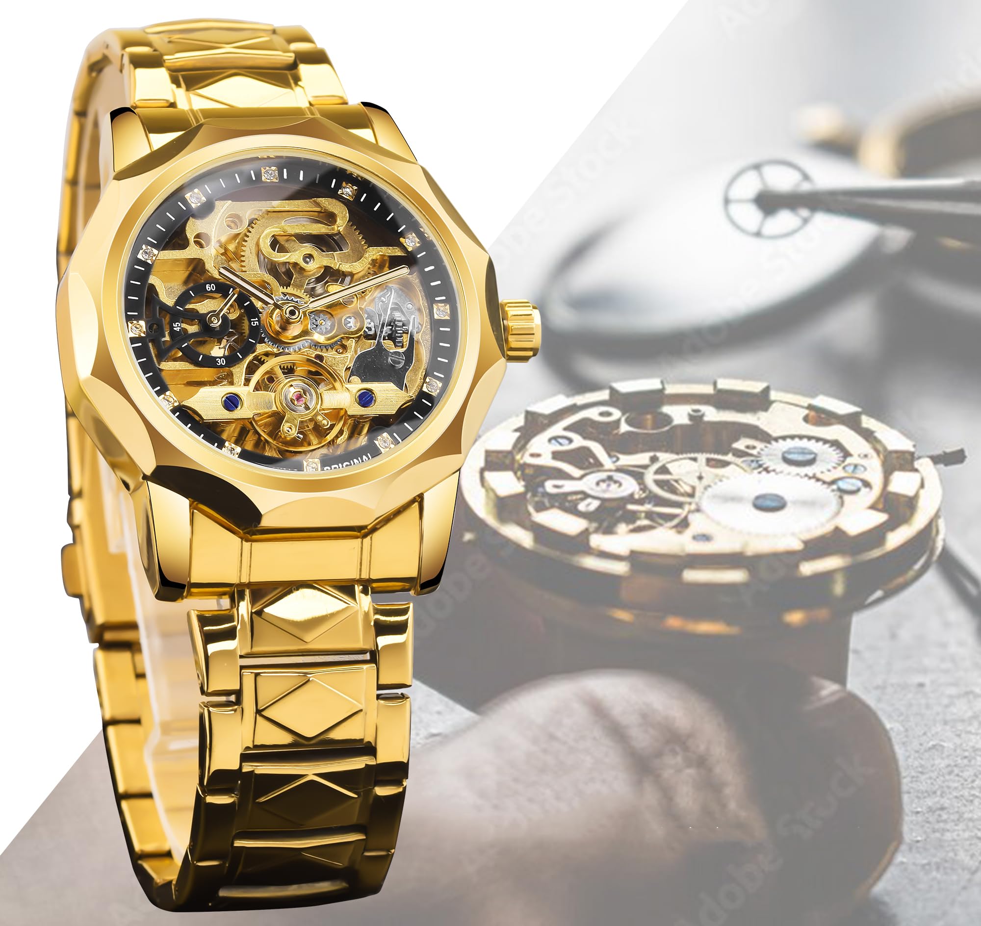 Armbanduhr Herren Analog Automatik Edelstahl Mechanische Skelett Männer Uhr Glas Rückseite